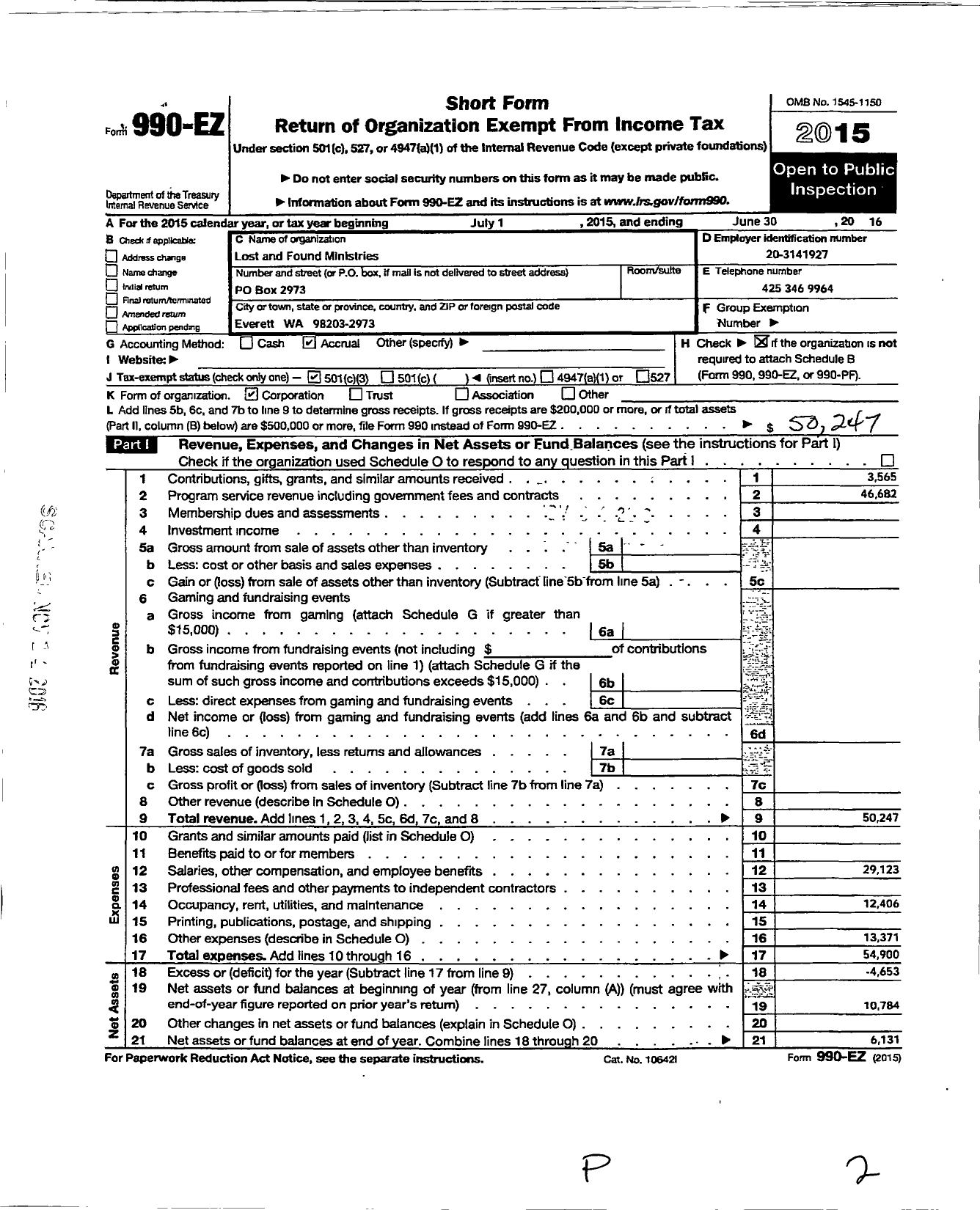 Image of first page of 2015 Form 990EZ for Lost and Found Ministries
