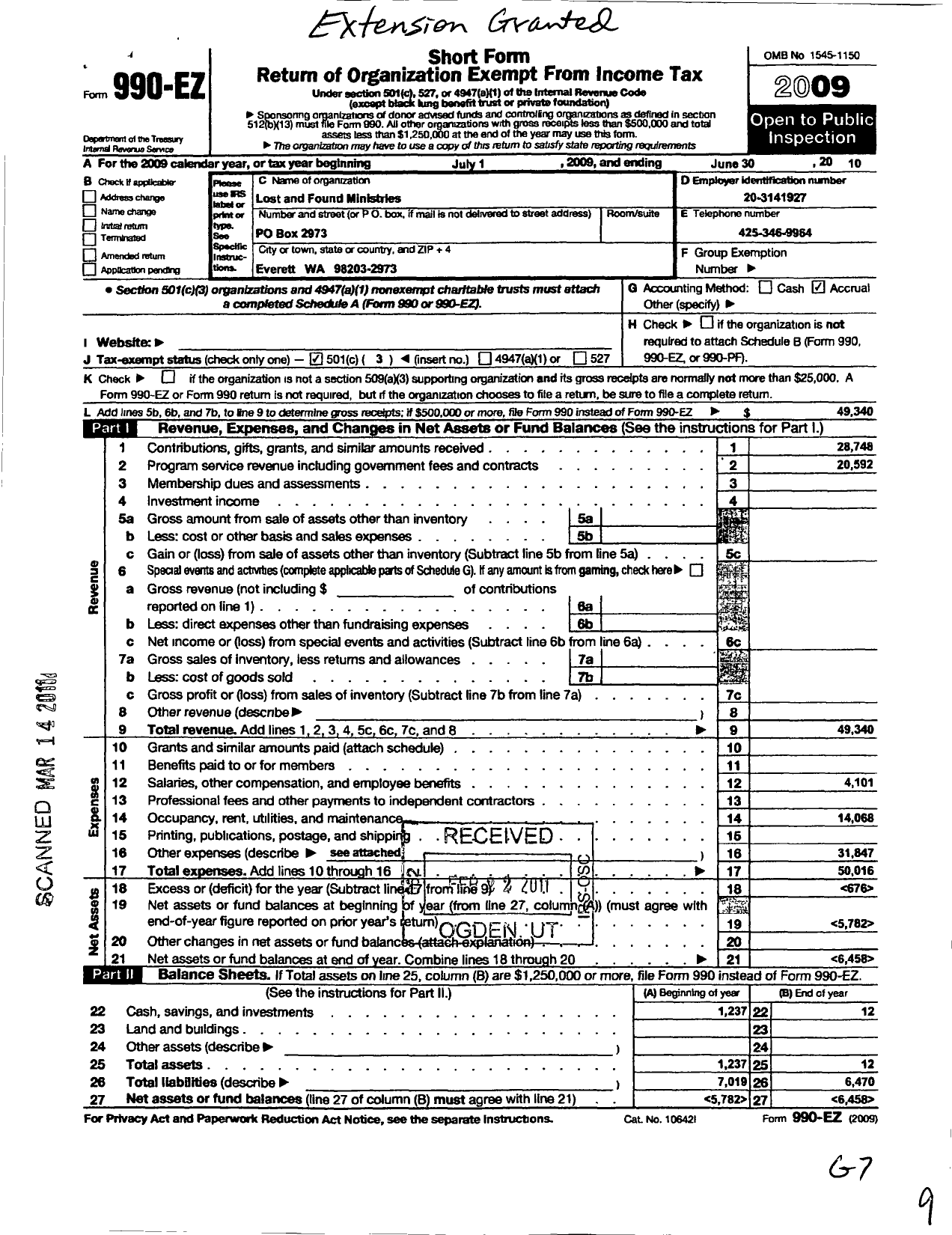 Image of first page of 2009 Form 990EZ for Lost and Found Ministries