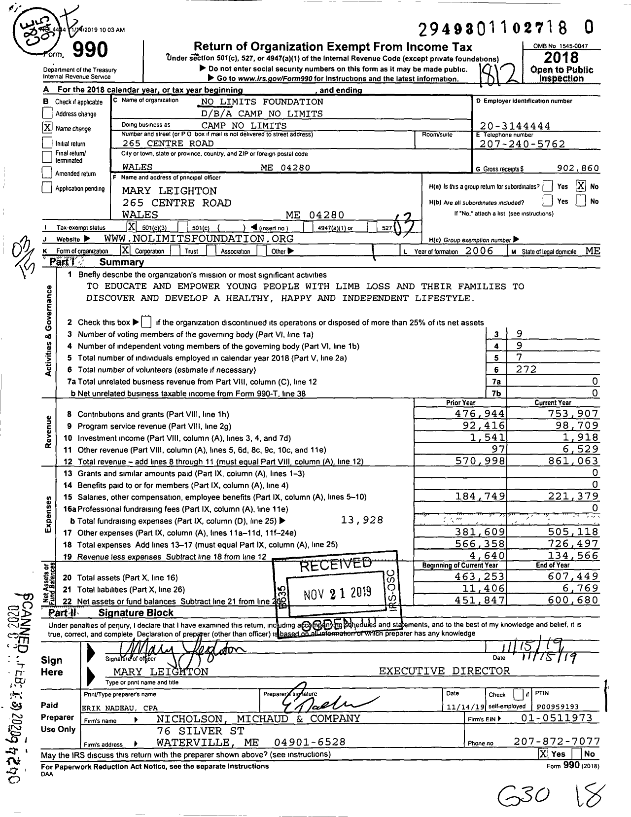 Image of first page of 2018 Form 990 for Camp No Limits