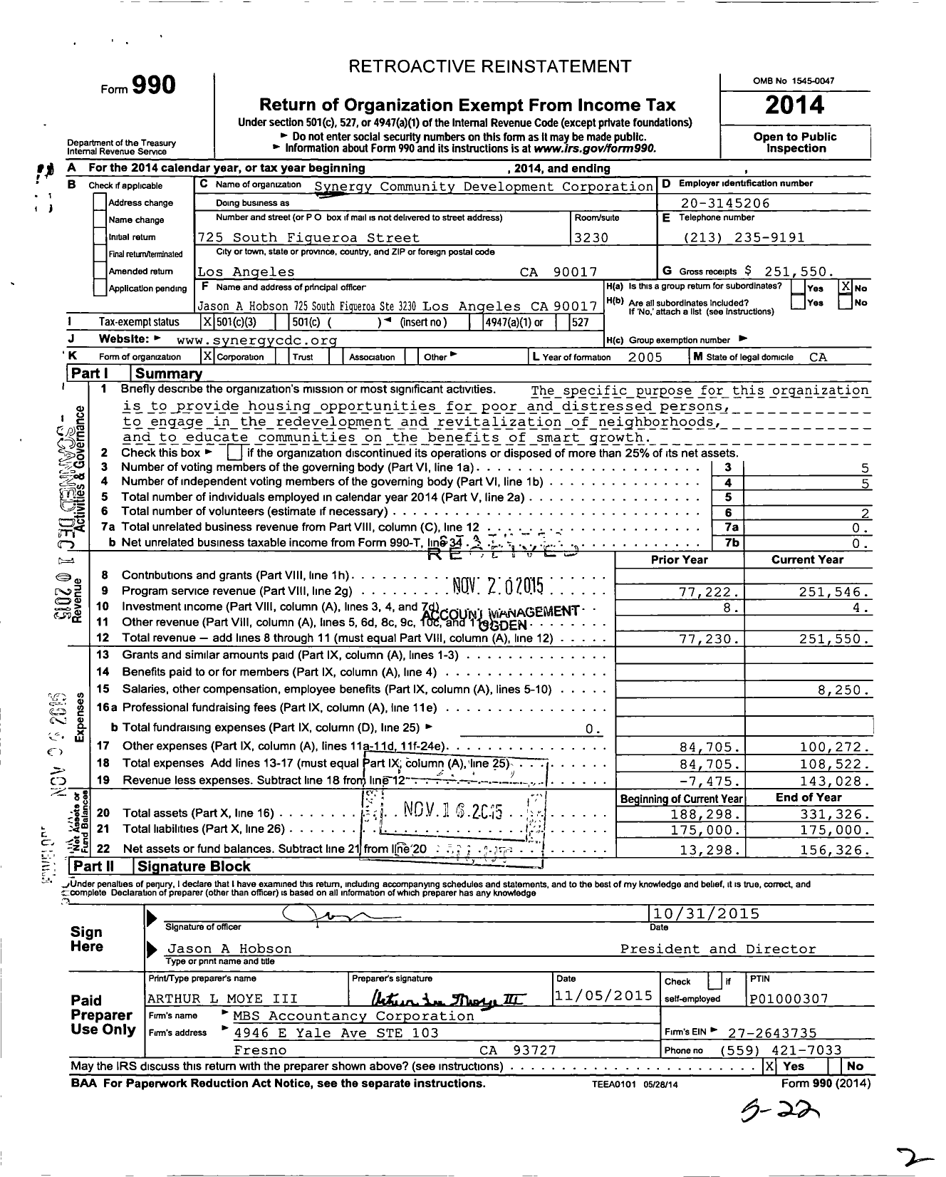 Image of first page of 2014 Form 990 for Synergy Community Development Corp