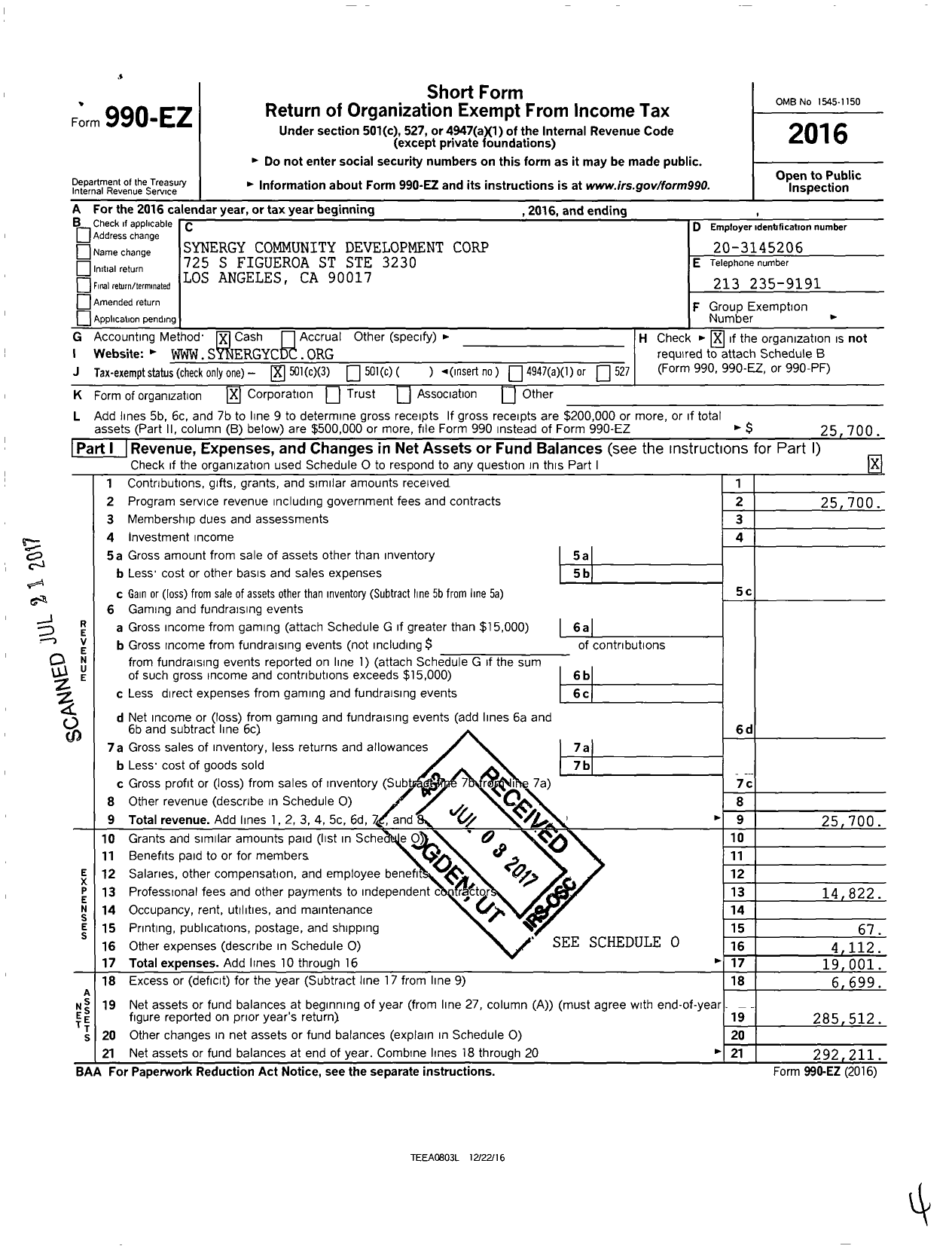 Image of first page of 2016 Form 990EZ for Synergy Community Development Corp