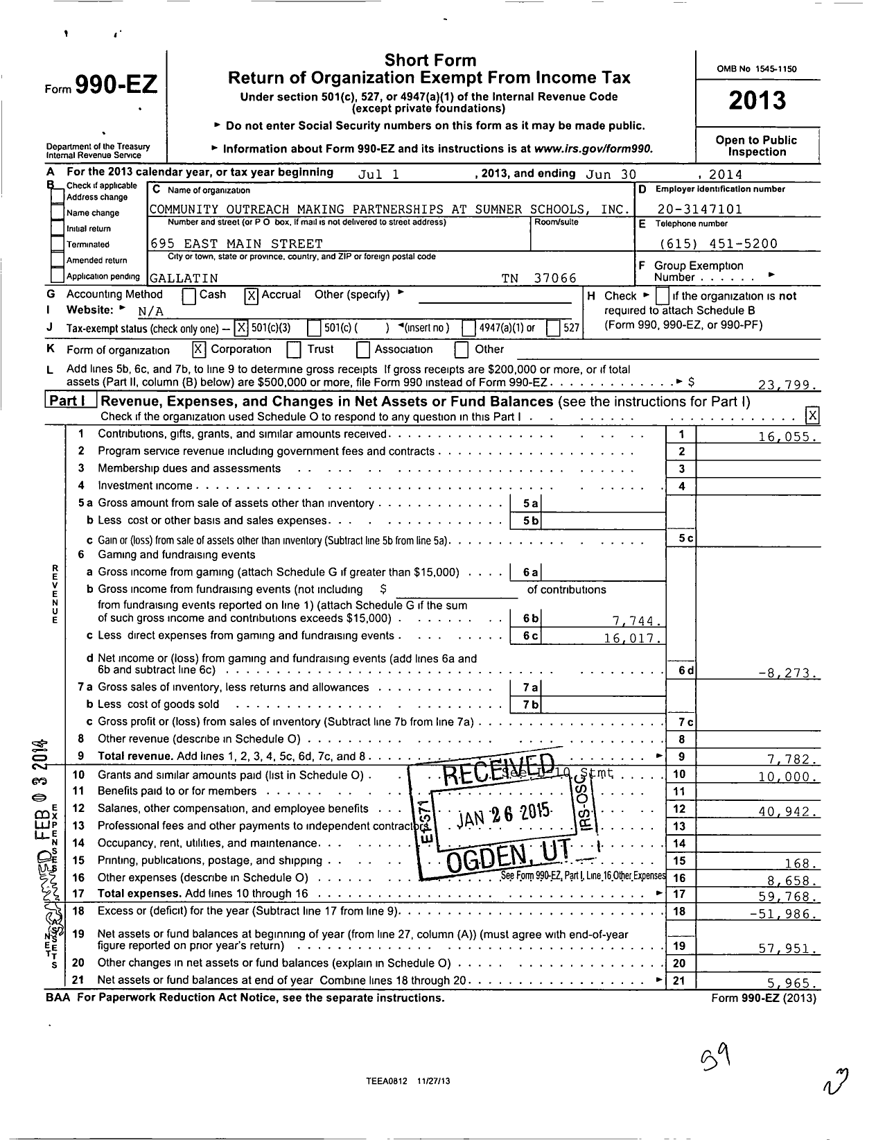 Image of first page of 2013 Form 990EZ for Community Outreach Making Partnerships at Sumner Schools (COMPASS)