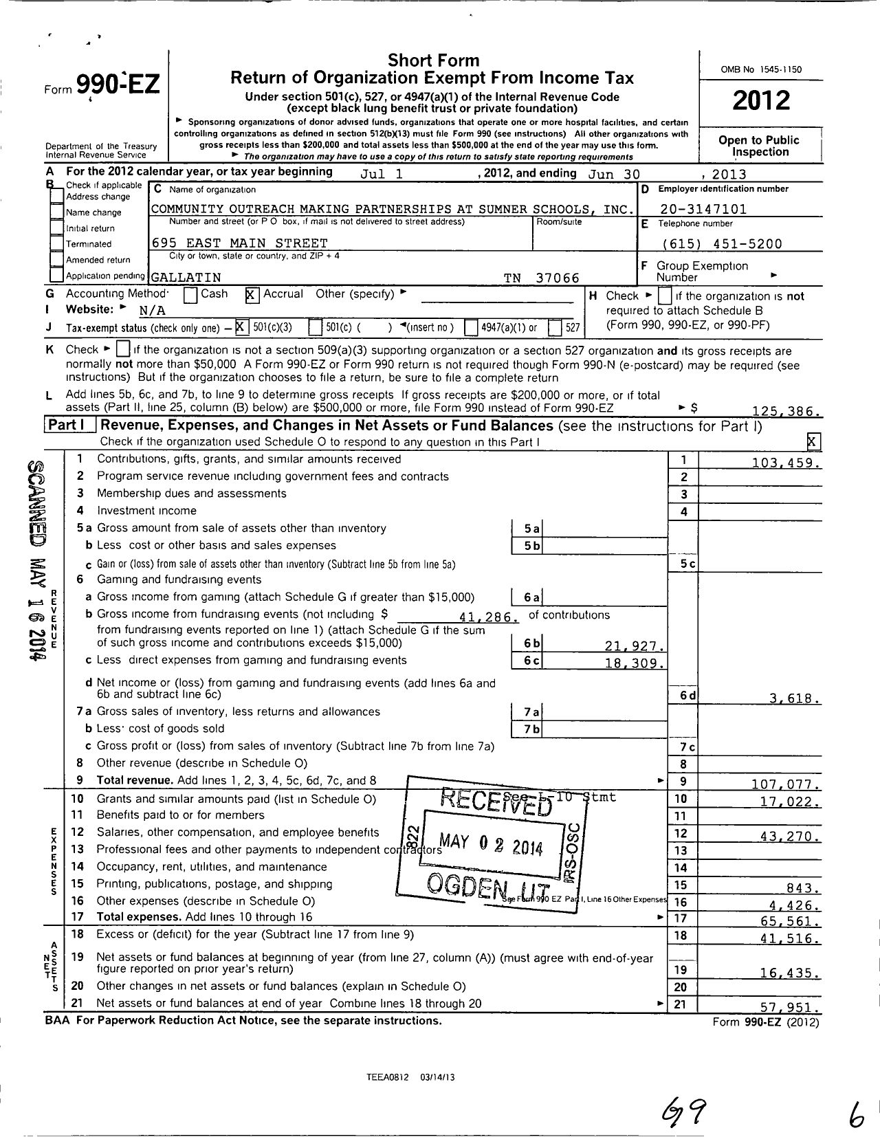 Image of first page of 2012 Form 990EZ for Community Outreach Making Partnerships at Sumner Schools (COMPASS)