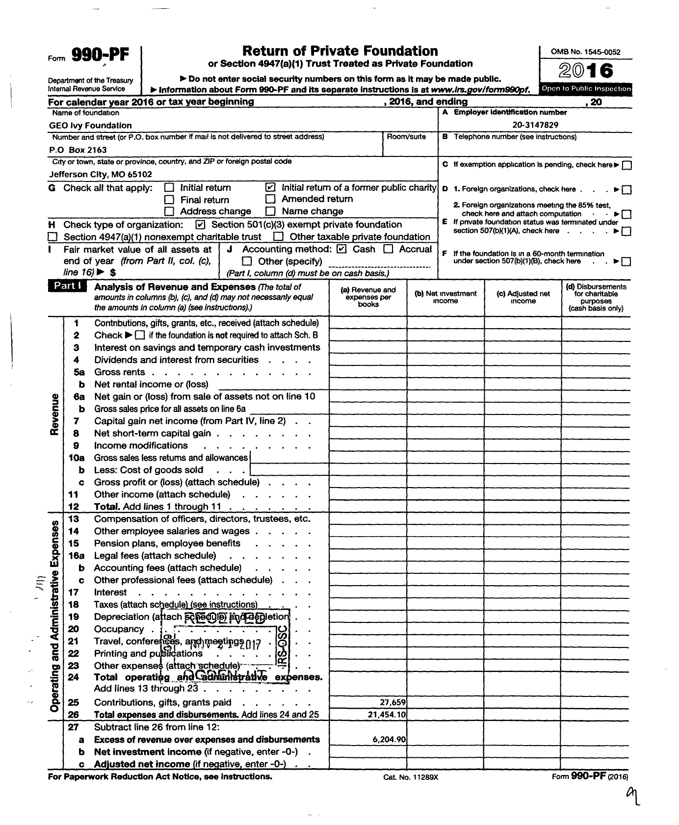 Image of first page of 2016 Form 990PF for Ivy Foundation of Jefferson City Missouri