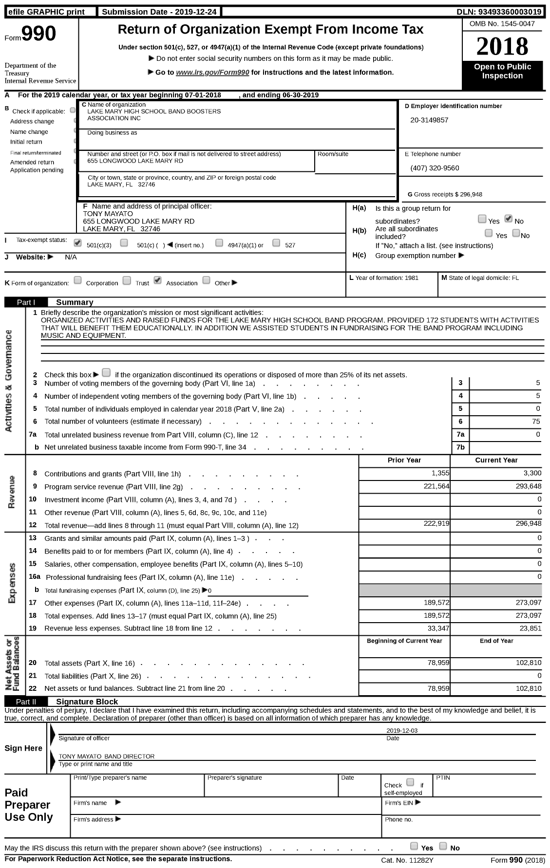 Image of first page of 2018 Form 990 for Lake Mary High School Band Boosters Association