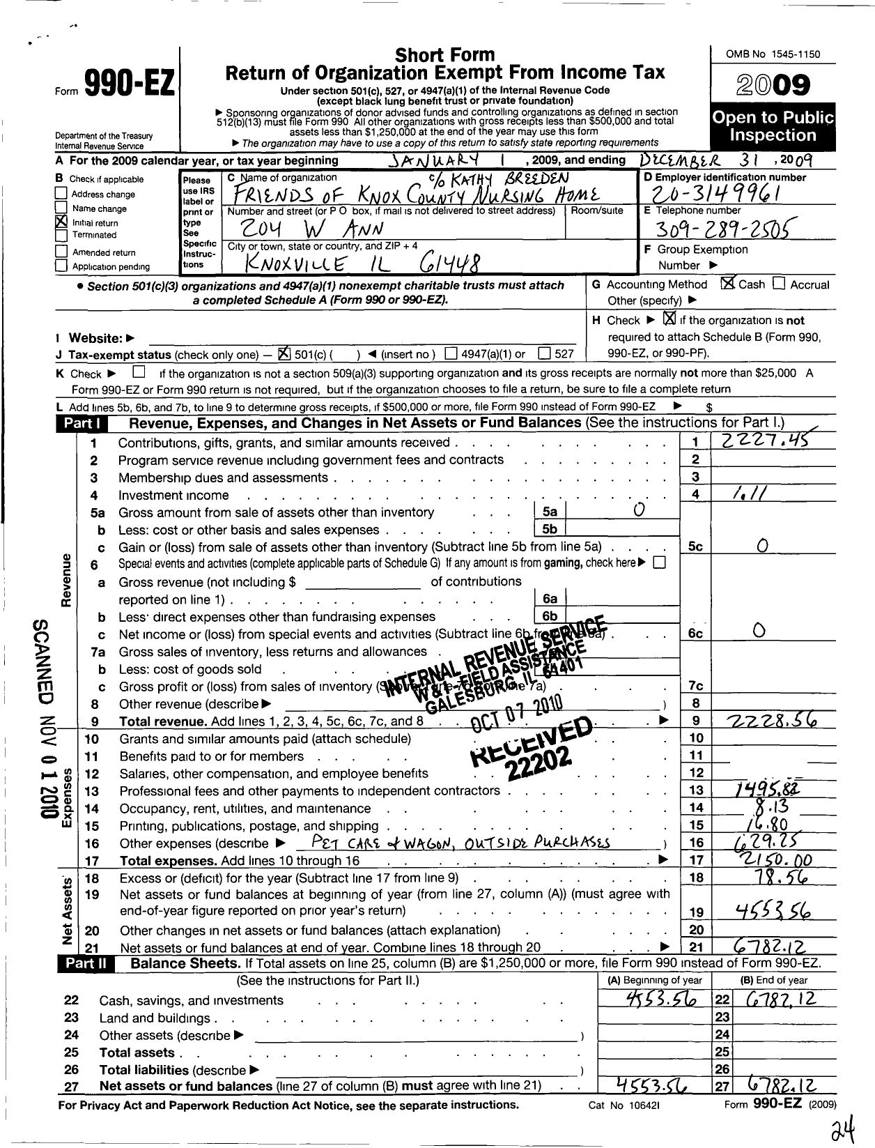 Image of first page of 2009 Form 990EO for Friends of Knox County Nursing Home
