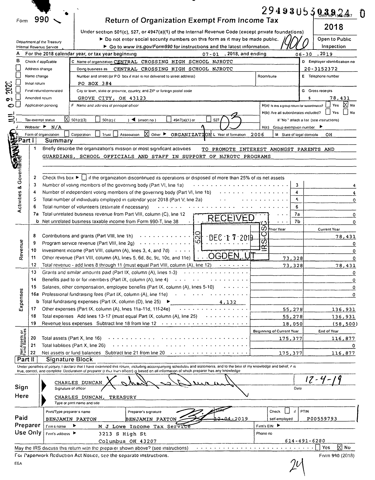 Image of first page of 2018 Form 990 for Central Crossing High School NJROTC