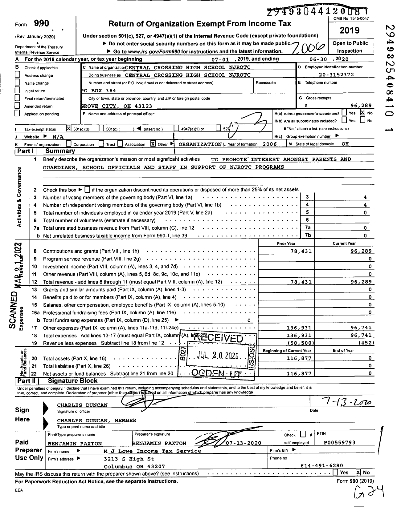 Image of first page of 2019 Form 990 for Central Crossing High School NJROTC