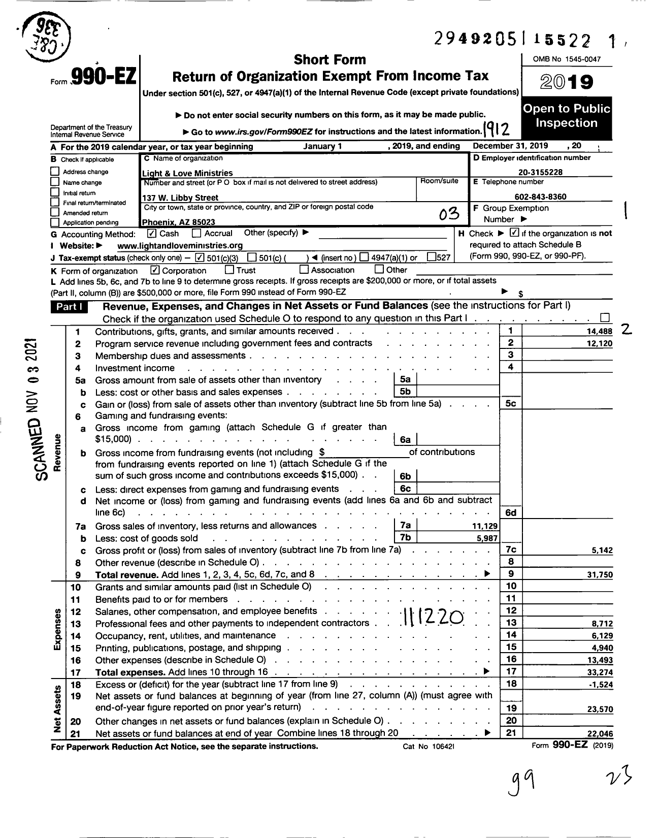 Image of first page of 2019 Form 990EZ for Light and Love Ministries