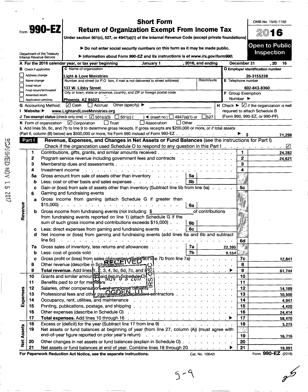 Image of first page of 2016 Form 990EZ for Light and Love Ministries