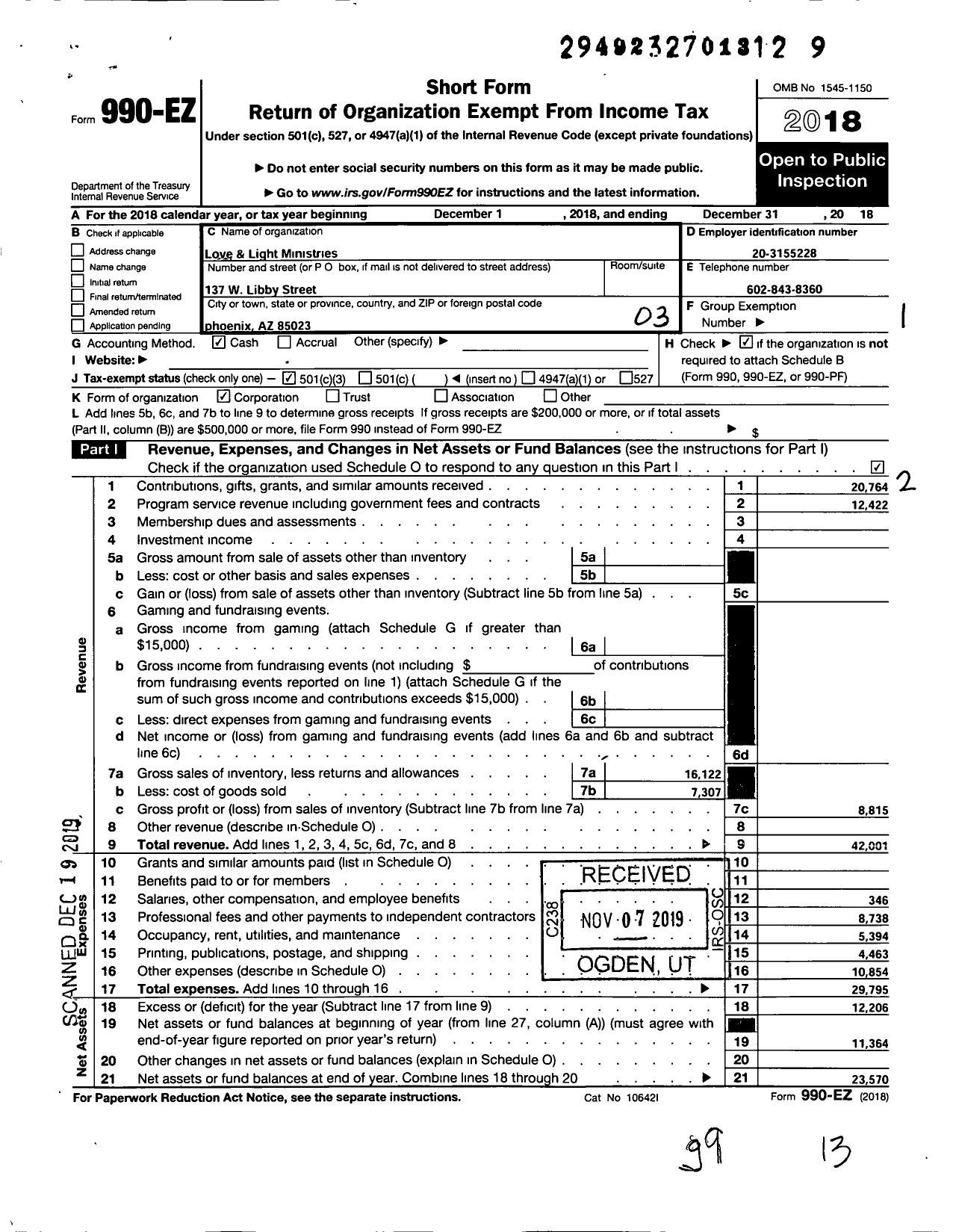 Image of first page of 2018 Form 990EZ for Light and Love Ministries