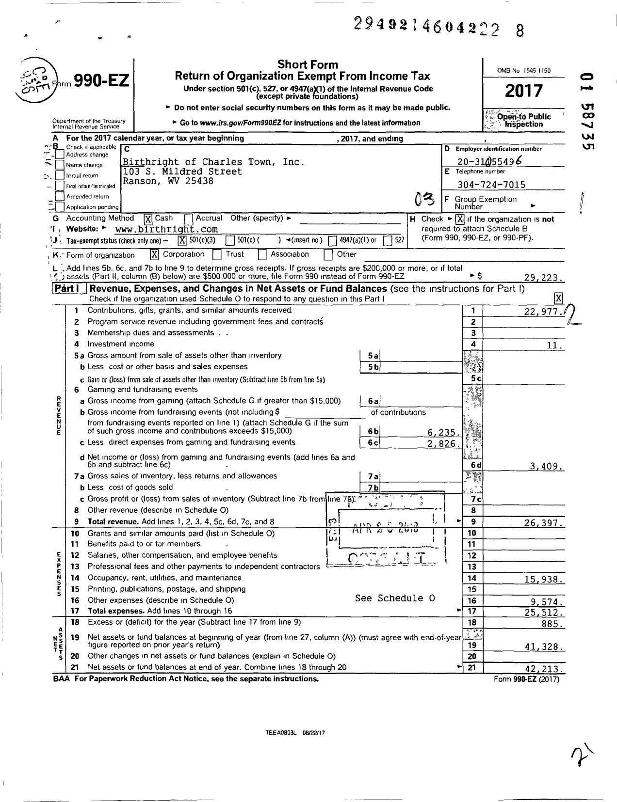 Image of first page of 2017 Form 990EZ for Birthright of Charles Town