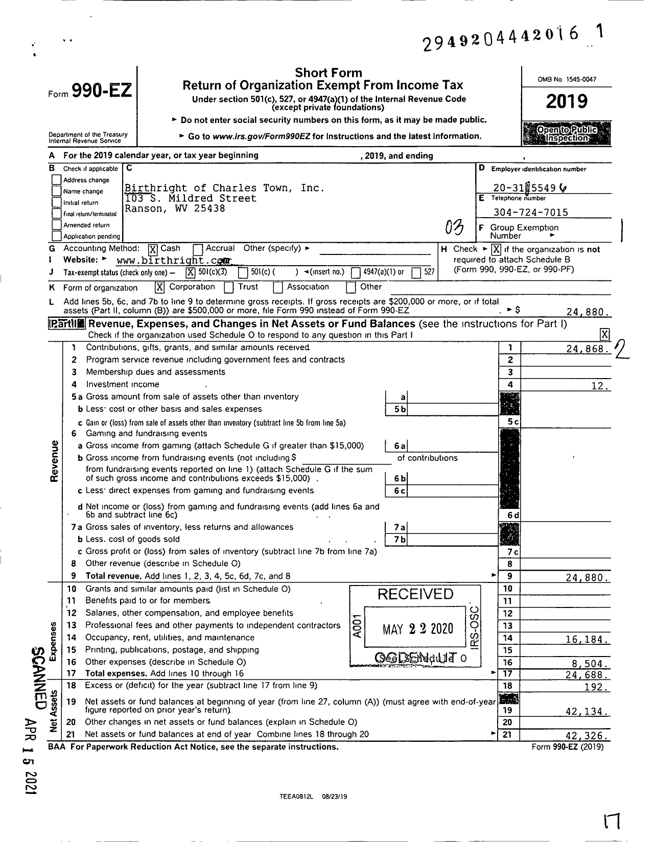 Image of first page of 2019 Form 990EZ for Birthright of Charles Town