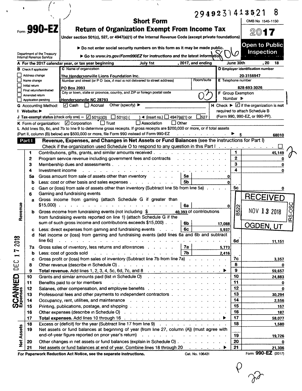 Image of first page of 2017 Form 990 for The Hendersonville Lions Foundation