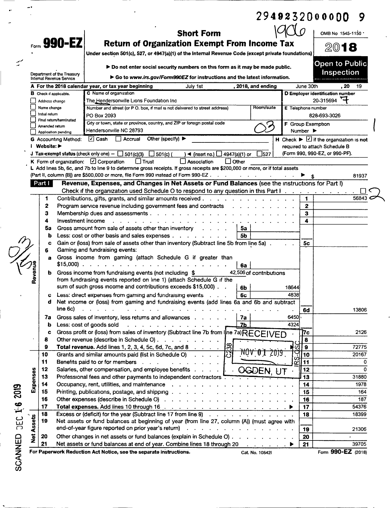 Image of first page of 2018 Form 990EZ for The Hendersonville Lions Foundation