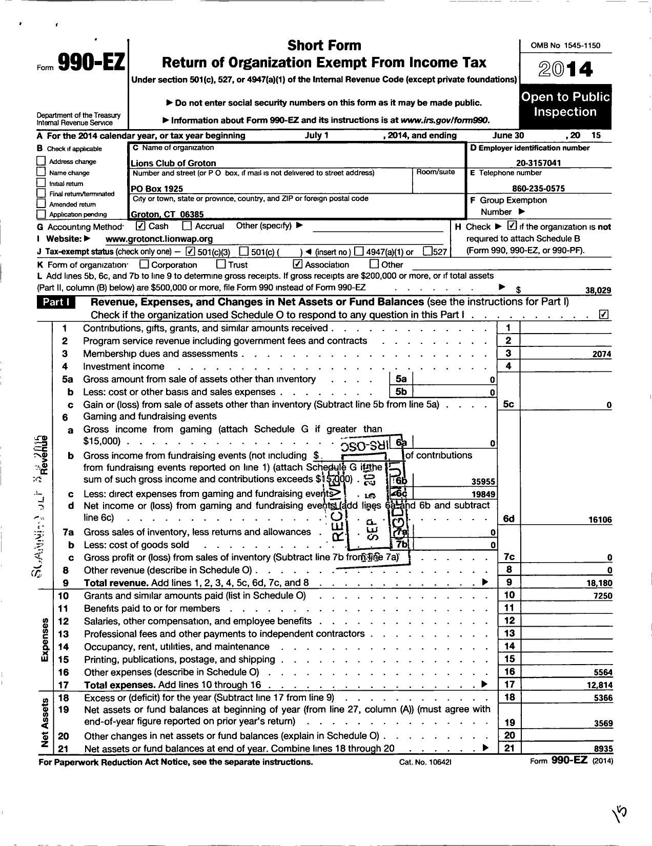 Image of first page of 2014 Form 990EZ for The Lions Club of Groton