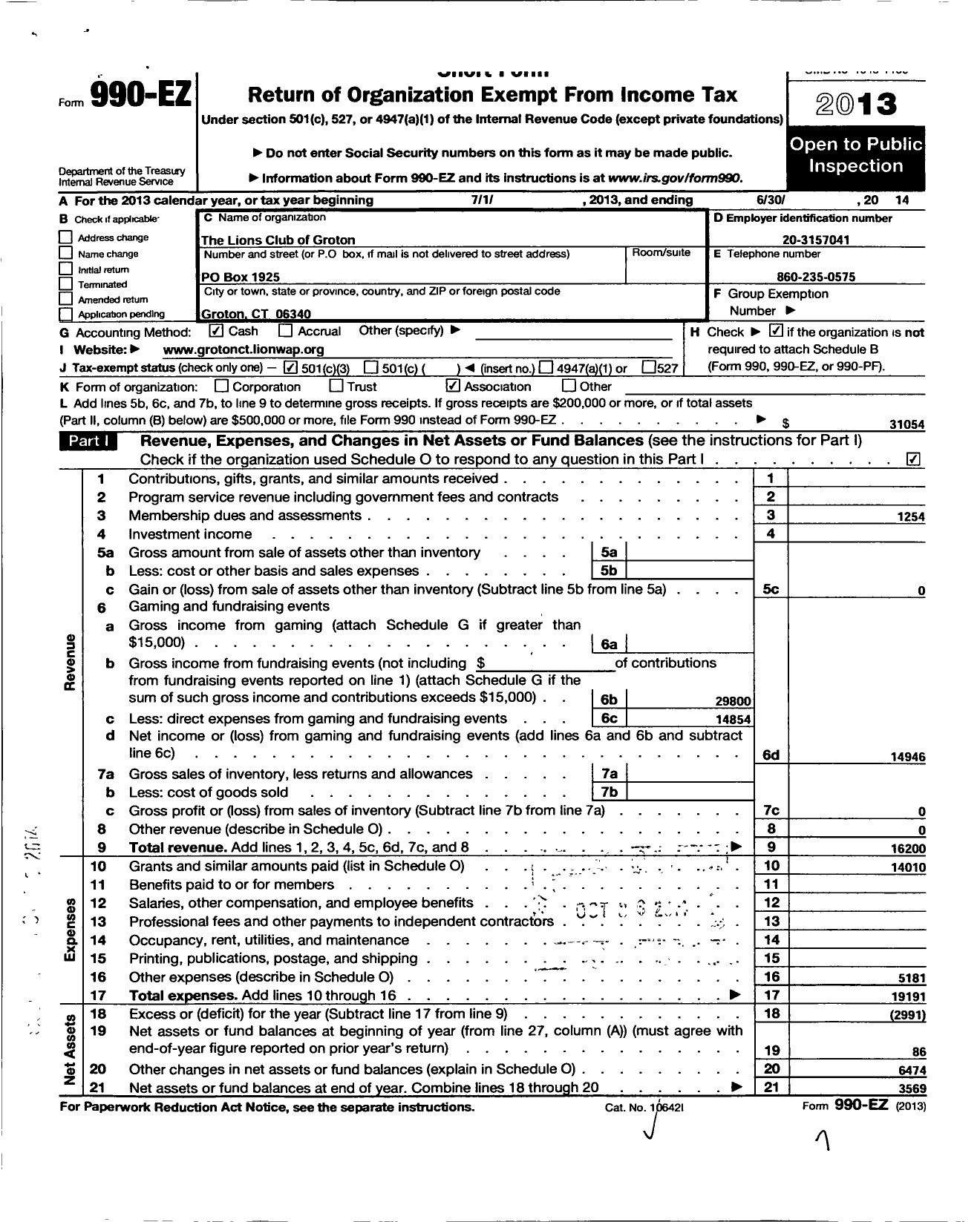 Image of first page of 2013 Form 990EZ for The Lions Club of Groton