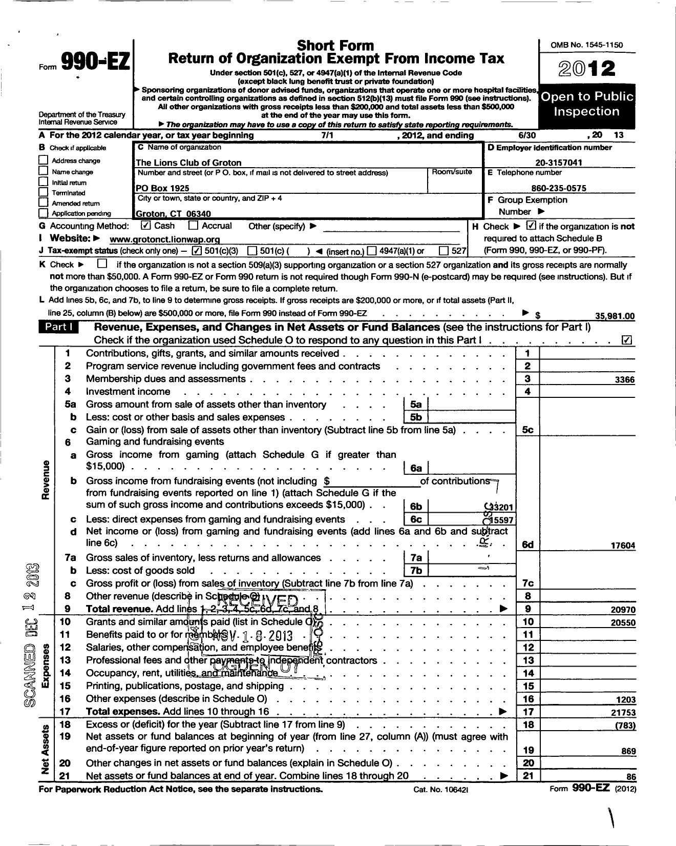 Image of first page of 2012 Form 990EZ for The Lions Club of Groton