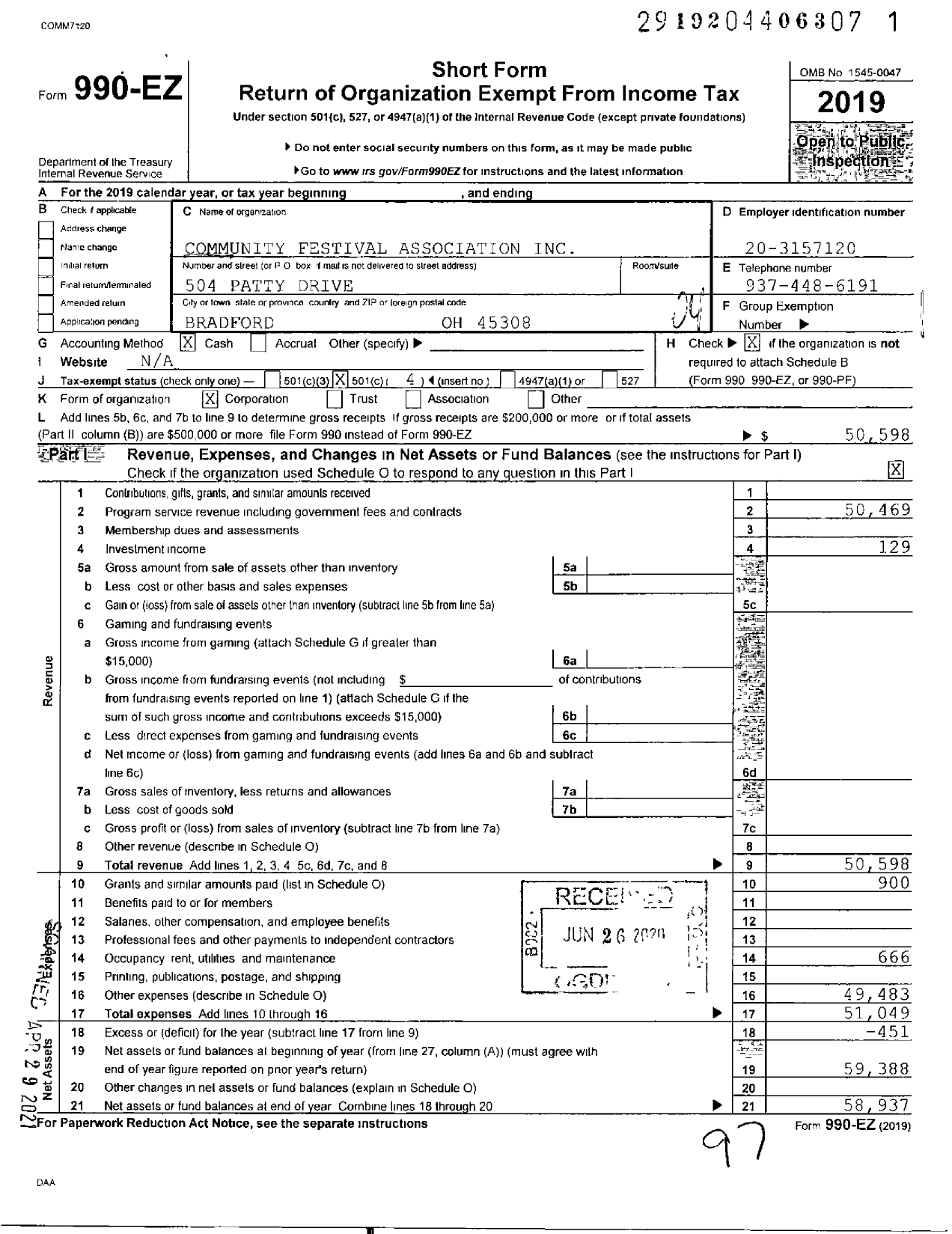 Image of first page of 2019 Form 990EO for Community Festival Association