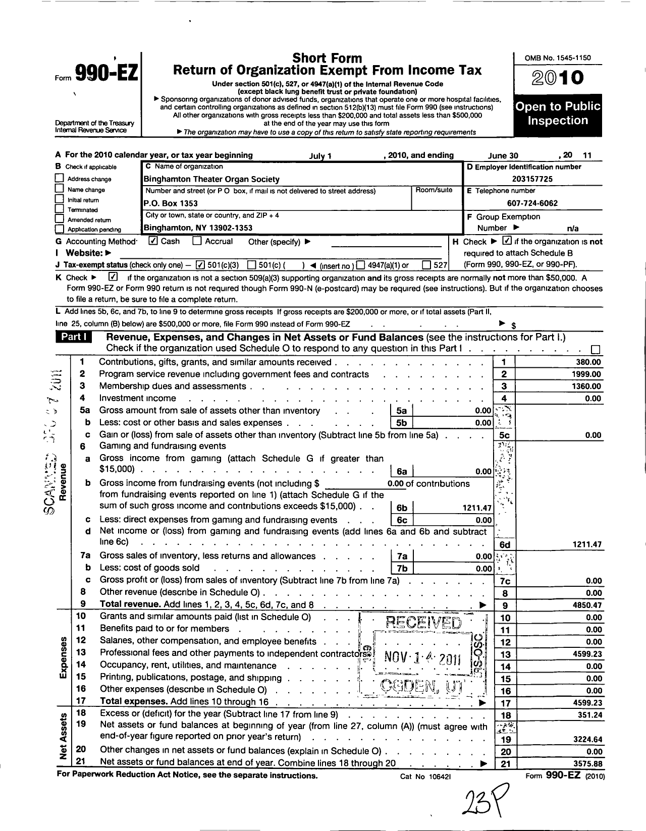 Image of first page of 2010 Form 990EZ for Binghamton Theater Organ Society