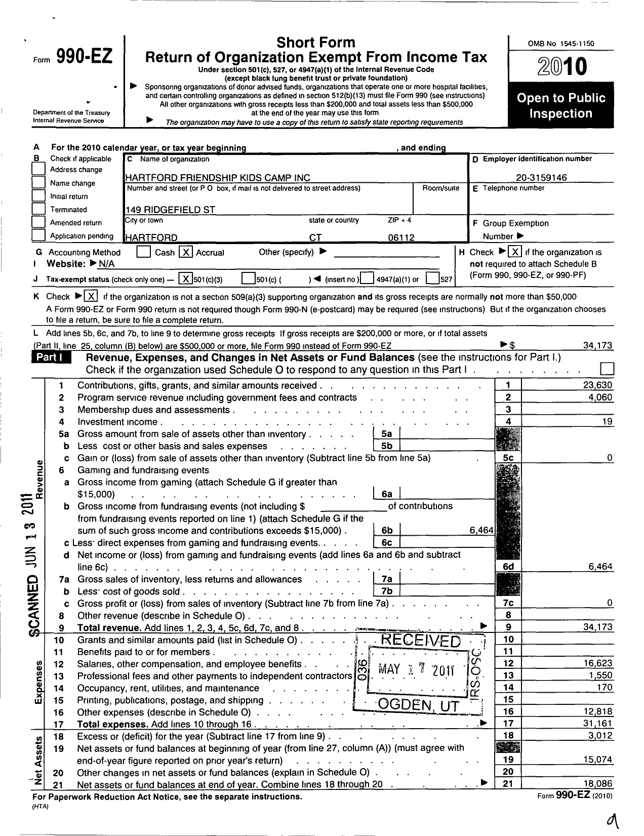 Image of first page of 2010 Form 990EZ for Hartford Friendship Kids Camp