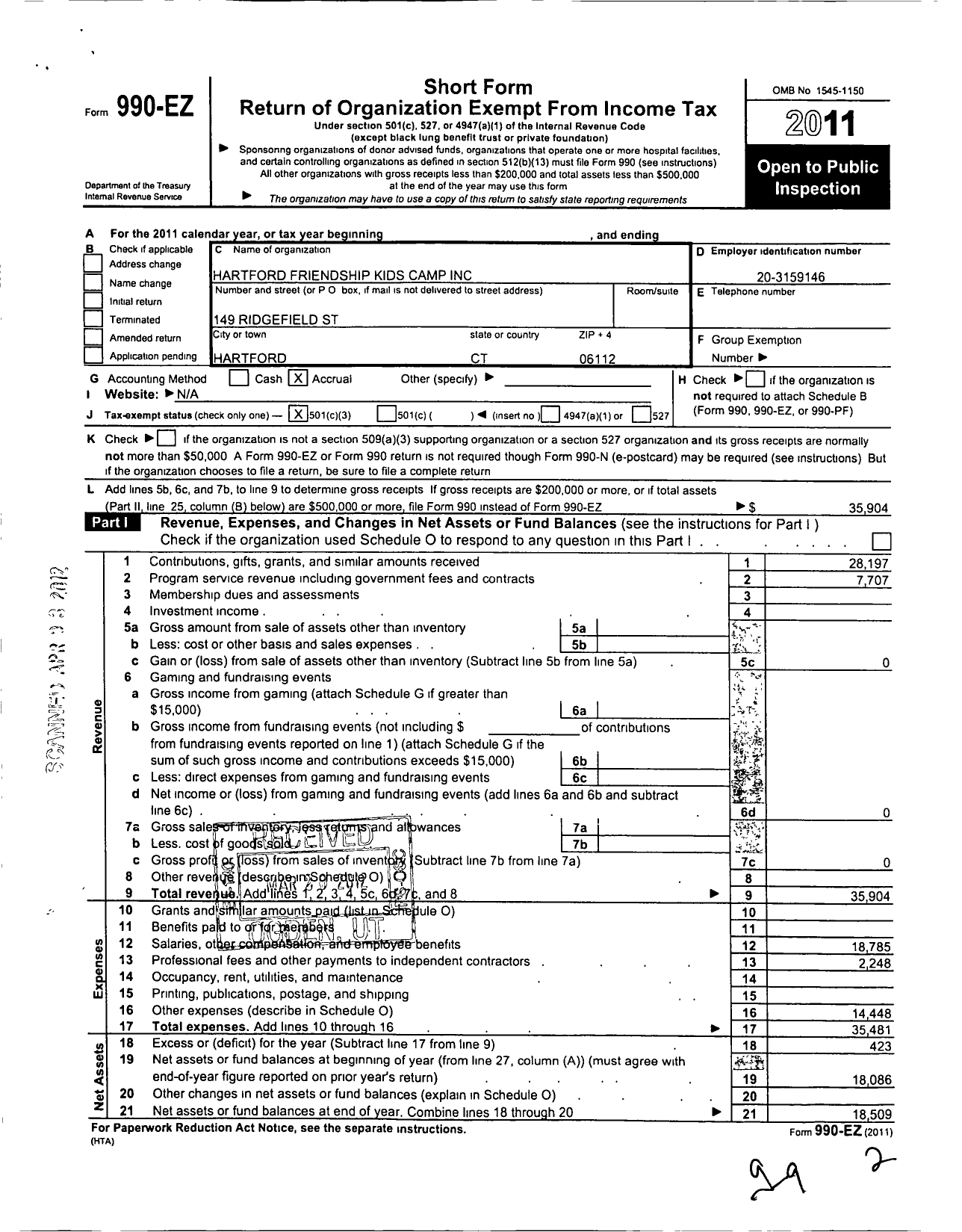 Image of first page of 2011 Form 990EZ for Hartford Friendship Kids Camp