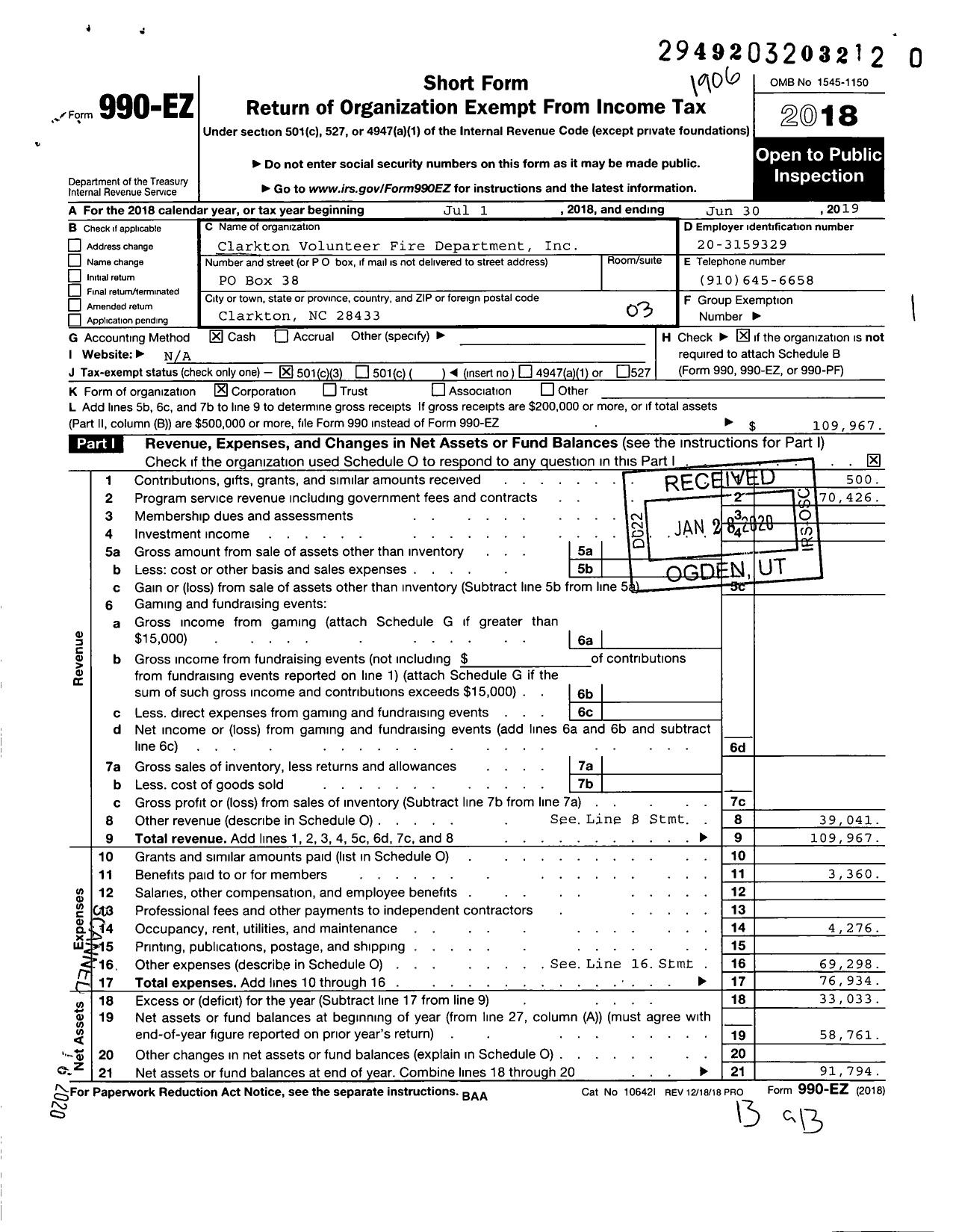 Image of first page of 2018 Form 990EZ for Clarkton Volunteer Fire Department