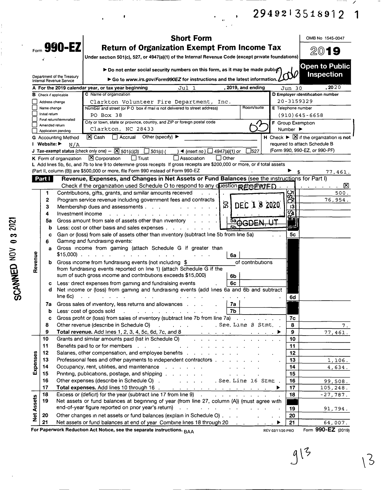 Image of first page of 2019 Form 990EZ for Clarkton Volunteer Fire Department