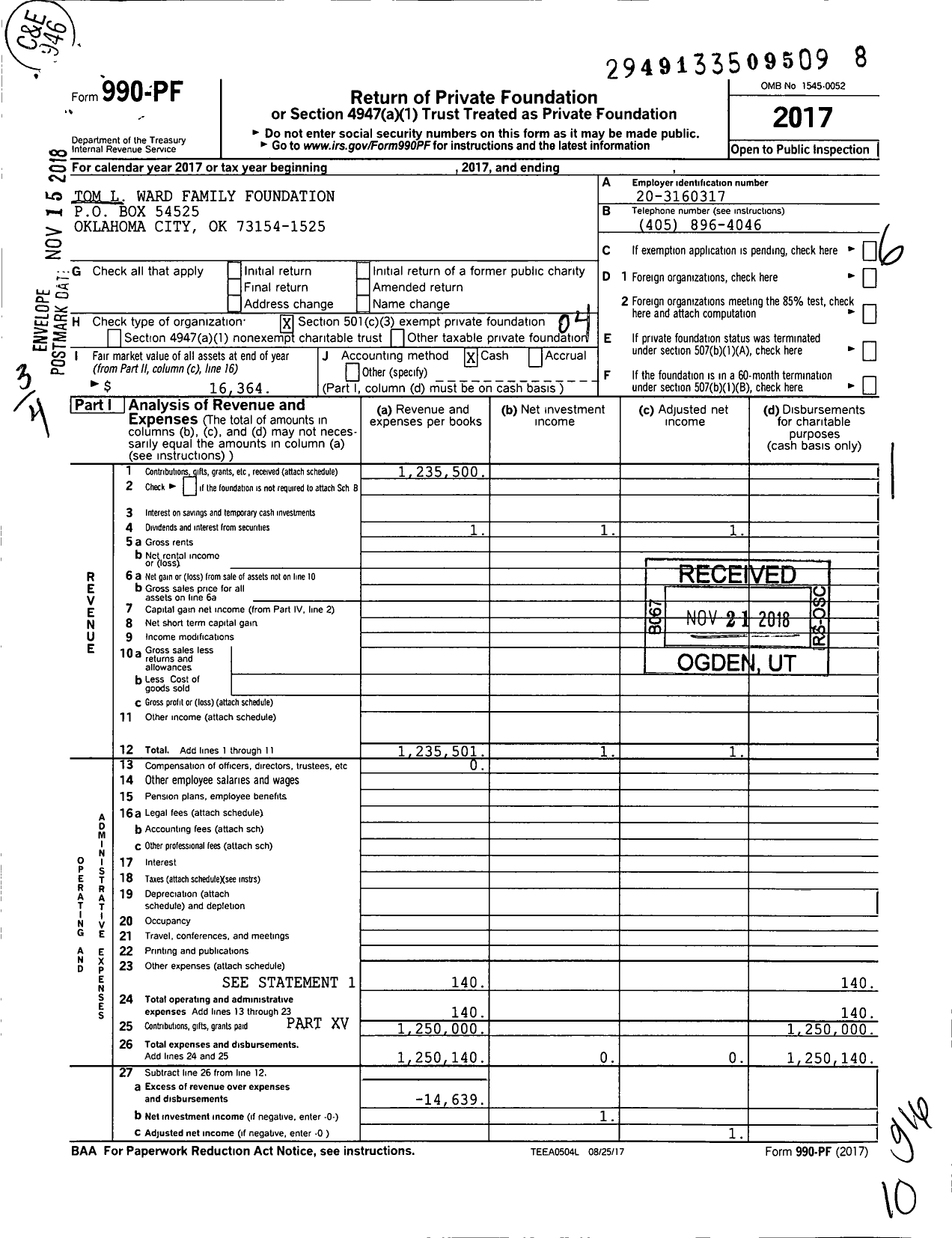 Image of first page of 2017 Form 990PF for Tom L Ward Family Foundation