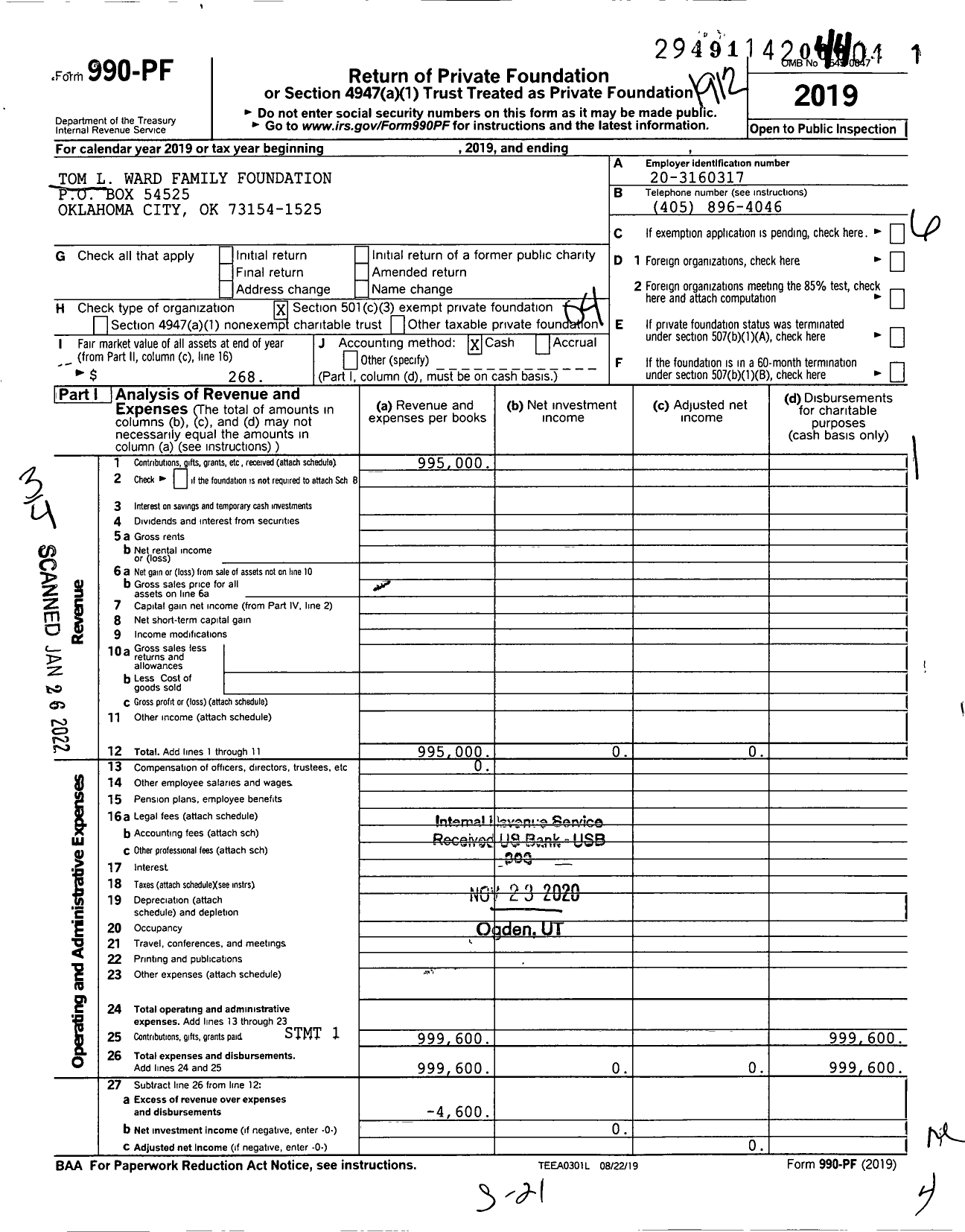 Image of first page of 2019 Form 990PF for Tom L Ward Family Foundation