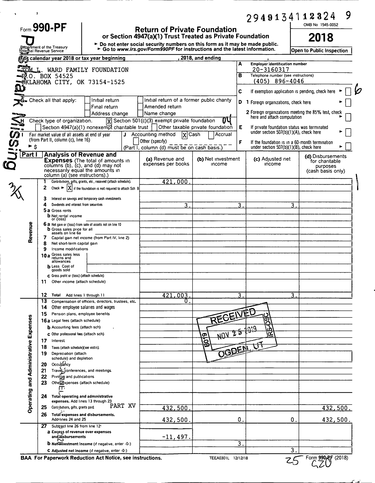 Image of first page of 2018 Form 990PF for Tom L Ward Family Foundation