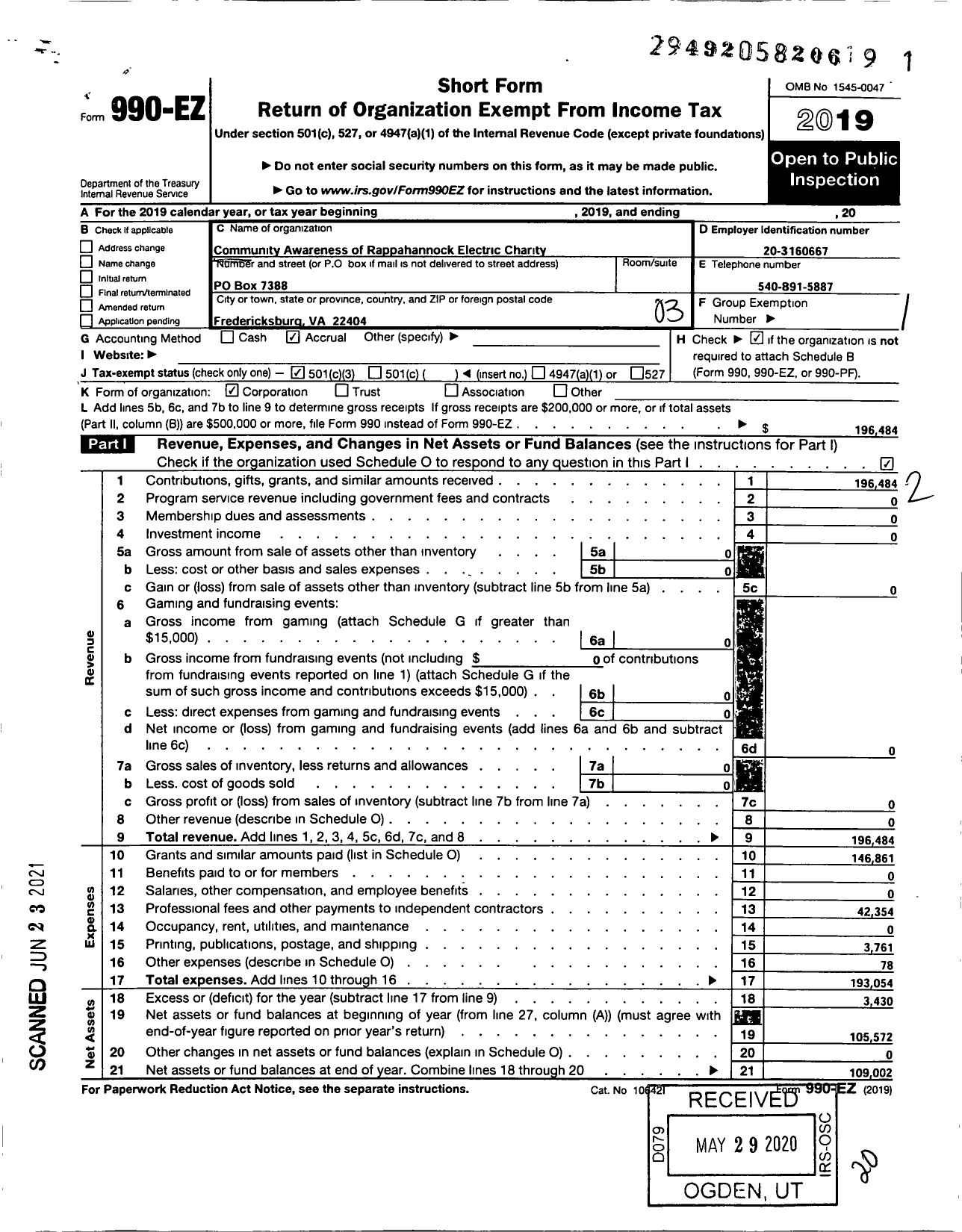 Image of first page of 2019 Form 990EZ for Community Awareness of Rappahannock Electric Charity