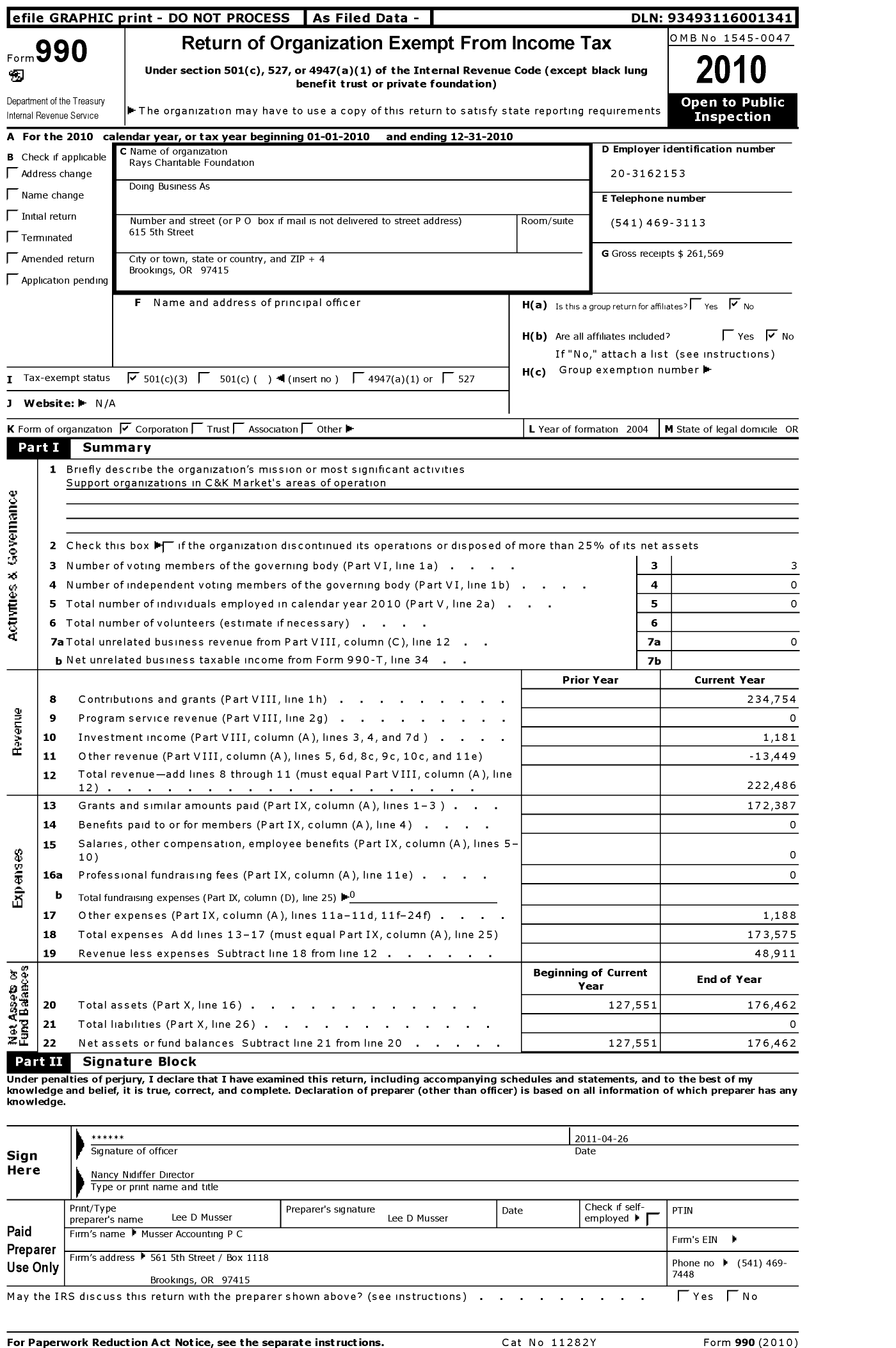 Image of first page of 2010 Form 990 for Rays Charitable Foundation