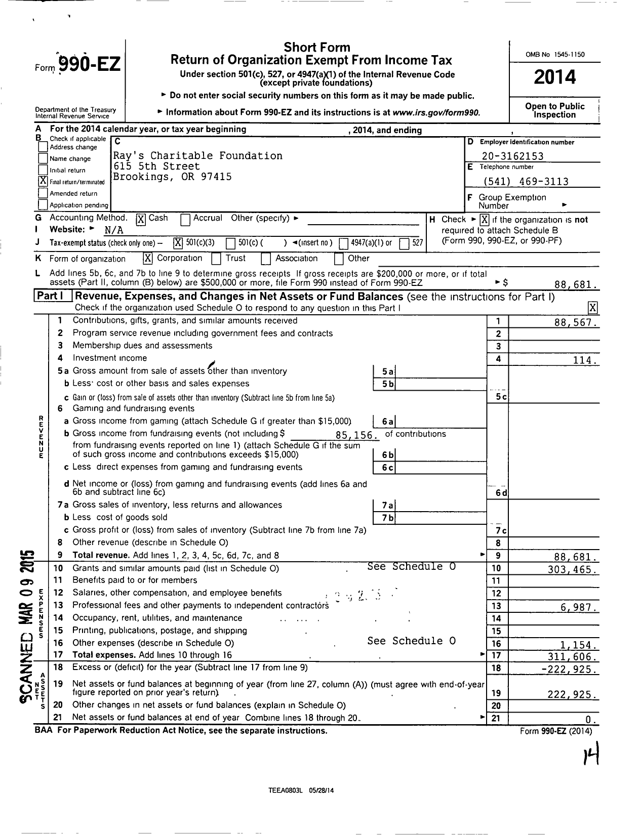 Image of first page of 2014 Form 990EZ for Rays Charitable Foundation