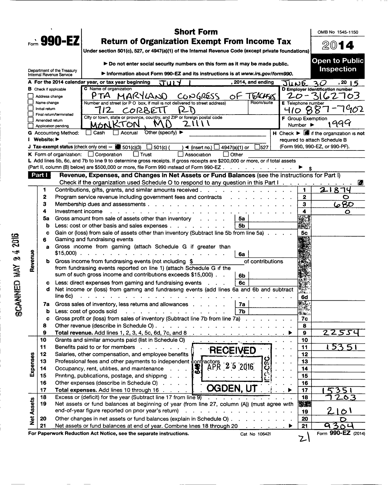 Image of first page of 2014 Form 990EZ for PTA Delaware Congress / Hereford Middle School PTA