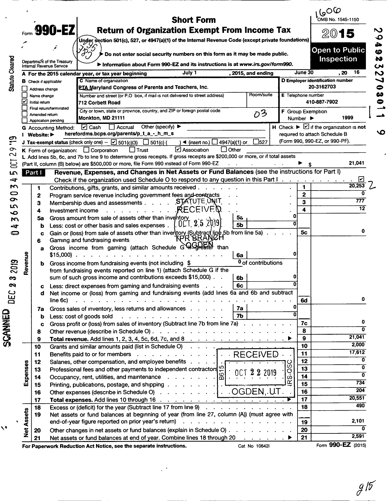 Image of first page of 2015 Form 990EZ for PTA Delaware Congress / Hereford Middle School PTA