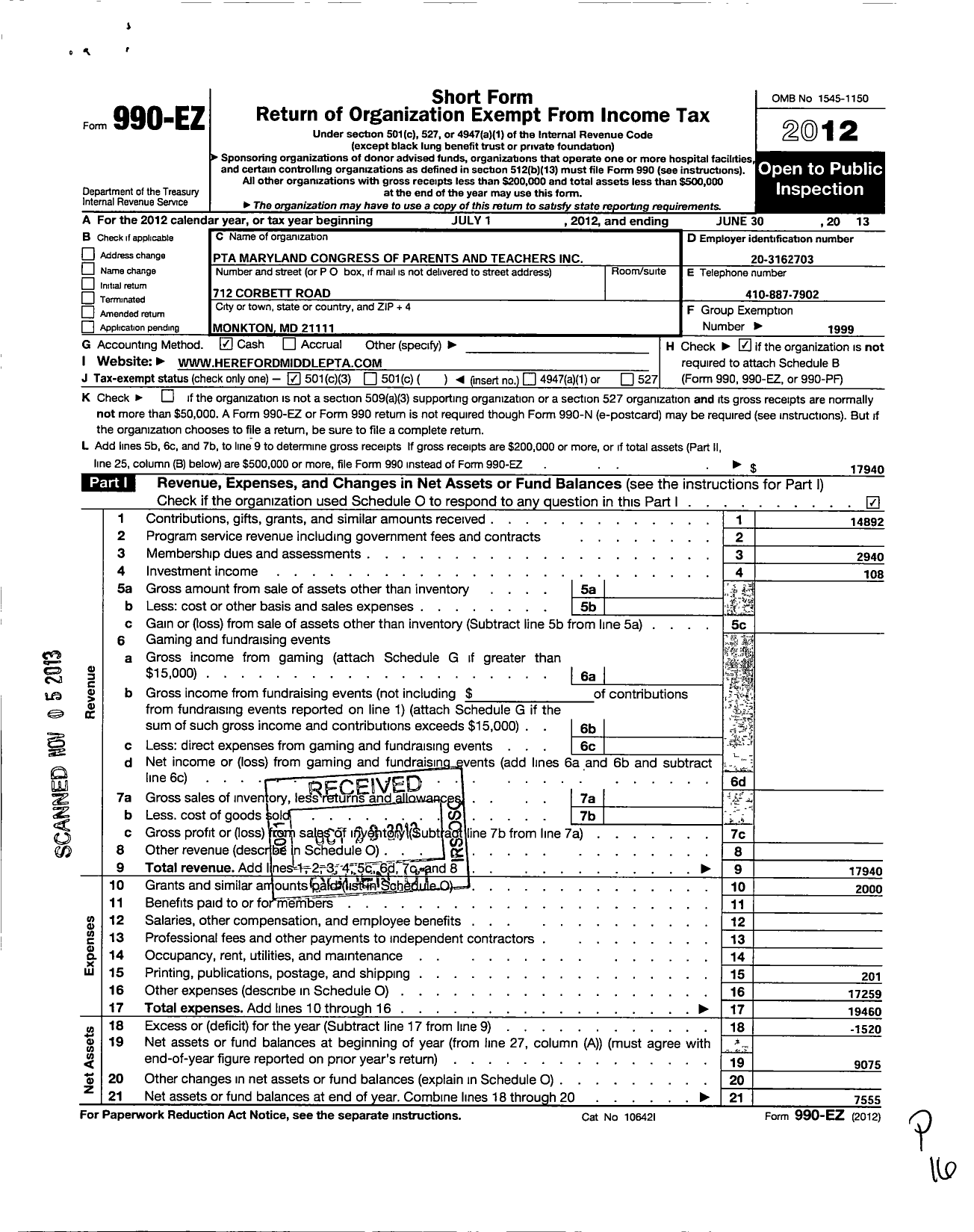 Image of first page of 2012 Form 990EZ for PTA Delaware Congress / Hereford Middle School PTA