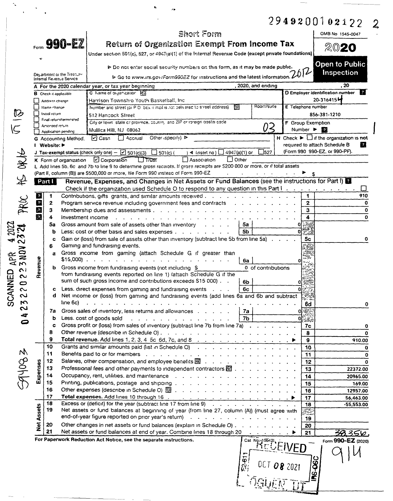 Image of first page of 2020 Form 990EZ for Harrison Township Youth Basketball League