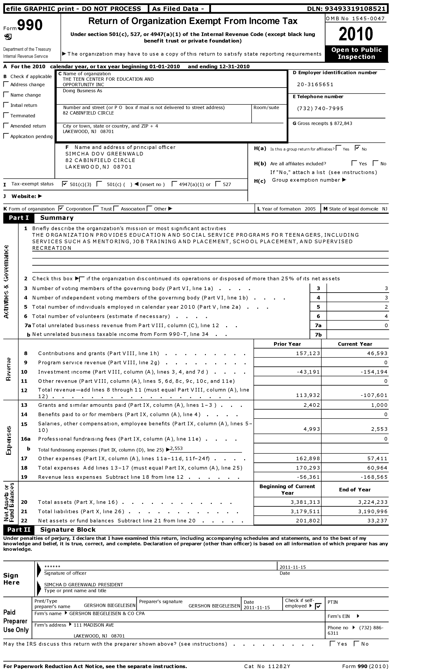 Image of first page of 2010 Form 990 for Teen Center for Education and Opportunity