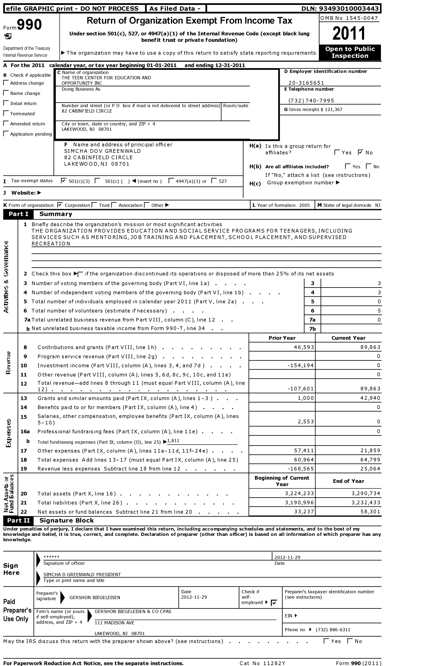Image of first page of 2011 Form 990 for Teen Center for Education and Opportunity