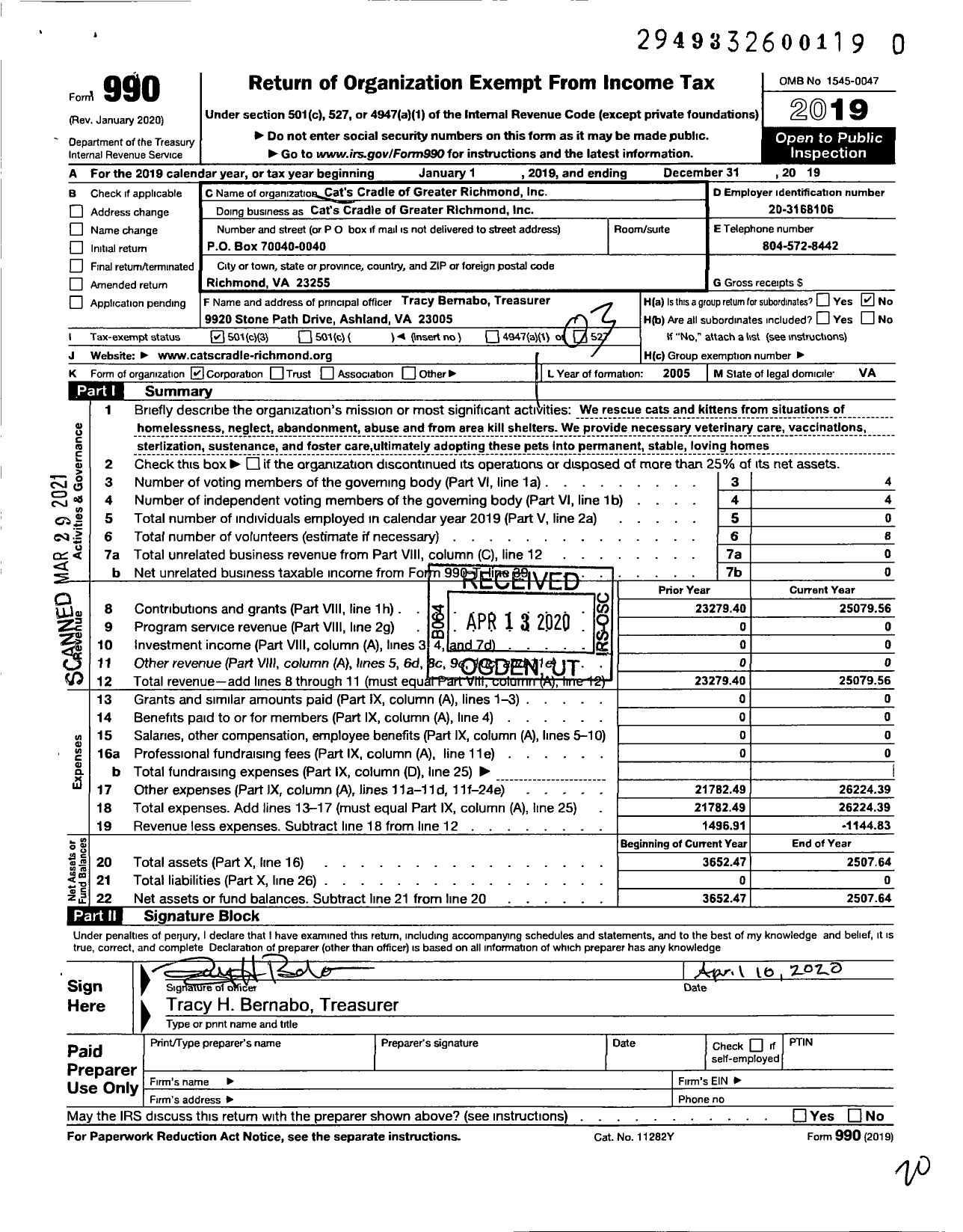 Image of first page of 2019 Form 990 for Cats Cradle of Greater Richmond Incorporated