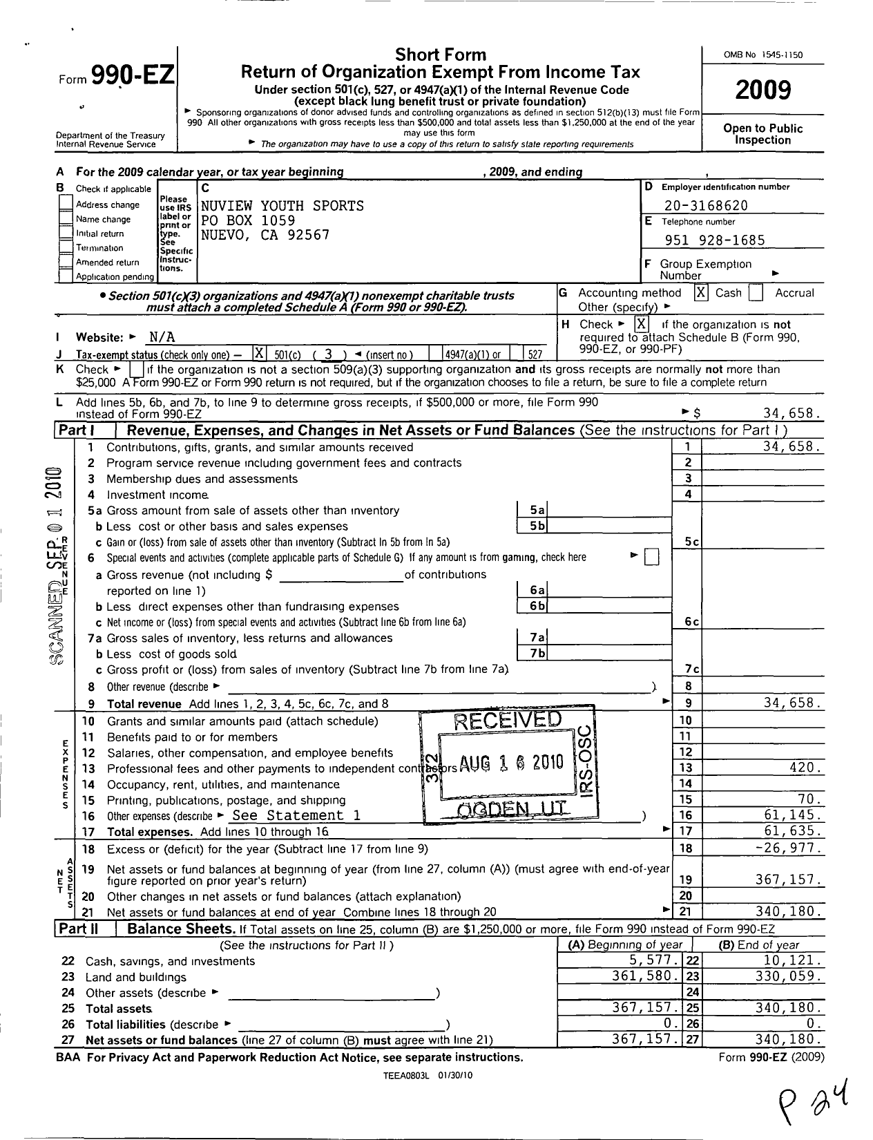 Image of first page of 2009 Form 990EZ for Nuview Youth Sports