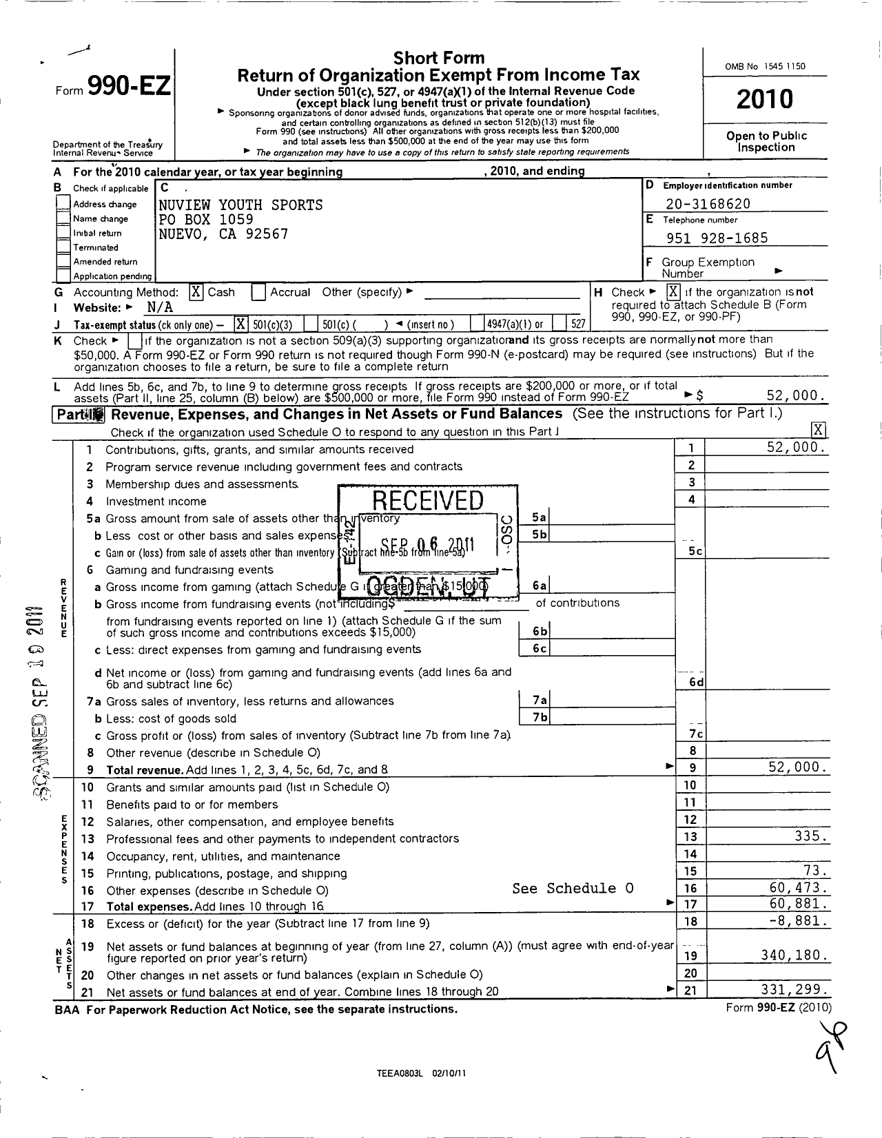 Image of first page of 2010 Form 990EZ for Nuview Youth Sports