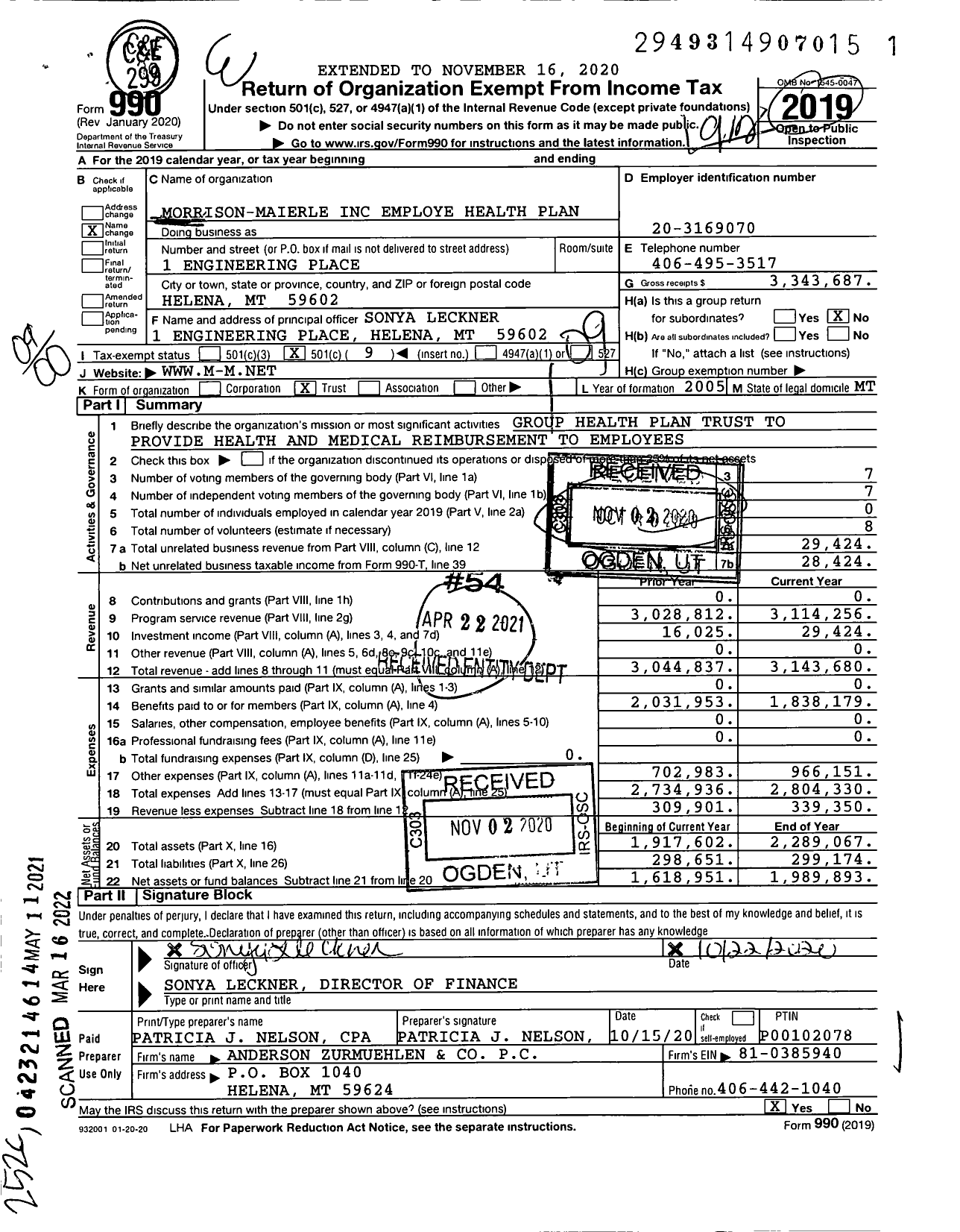 Image of first page of 2019 Form 990O for Morrison-Maierle Employee Health Benefit Plan