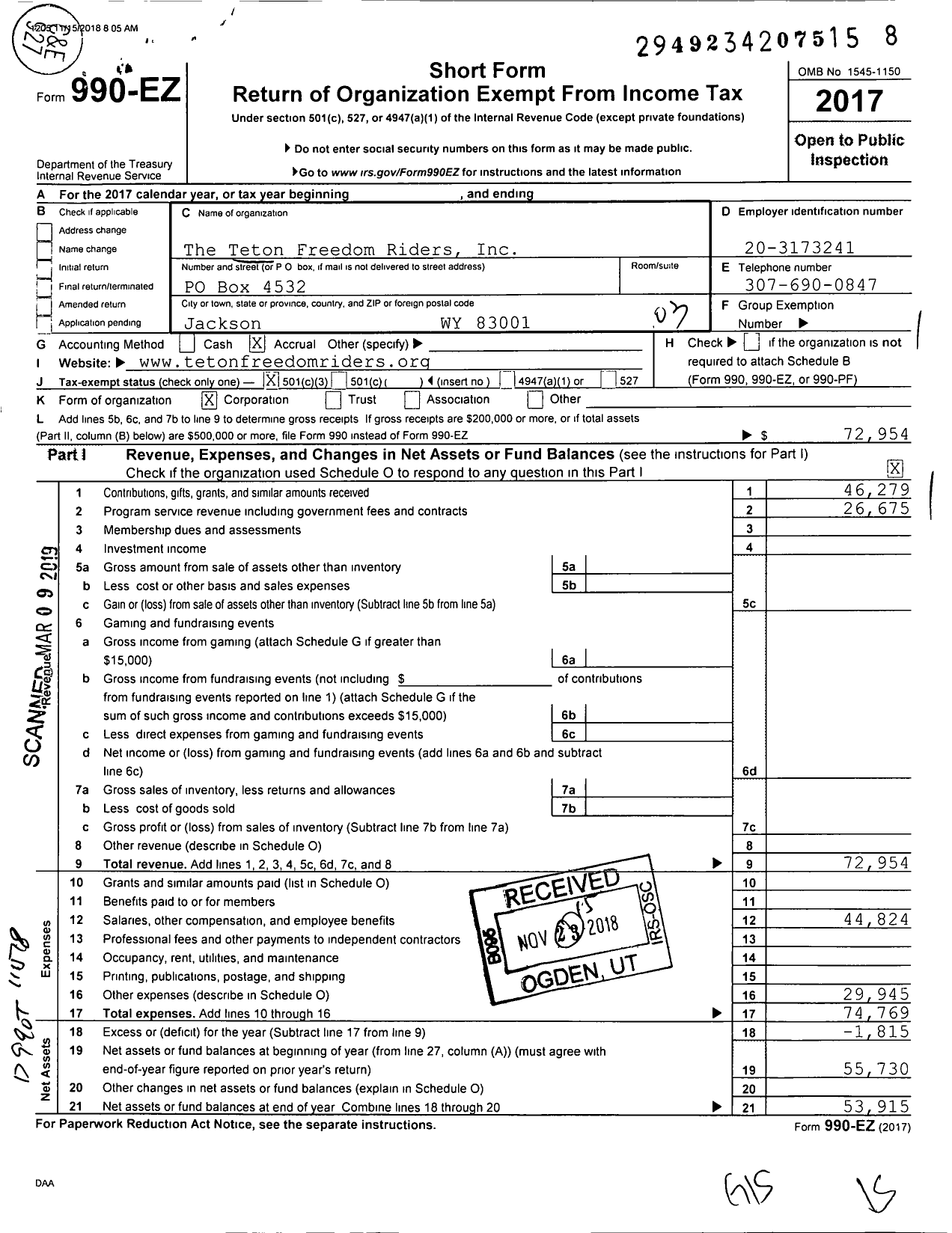 Image of first page of 2017 Form 990EZ for Teton Freeriders
