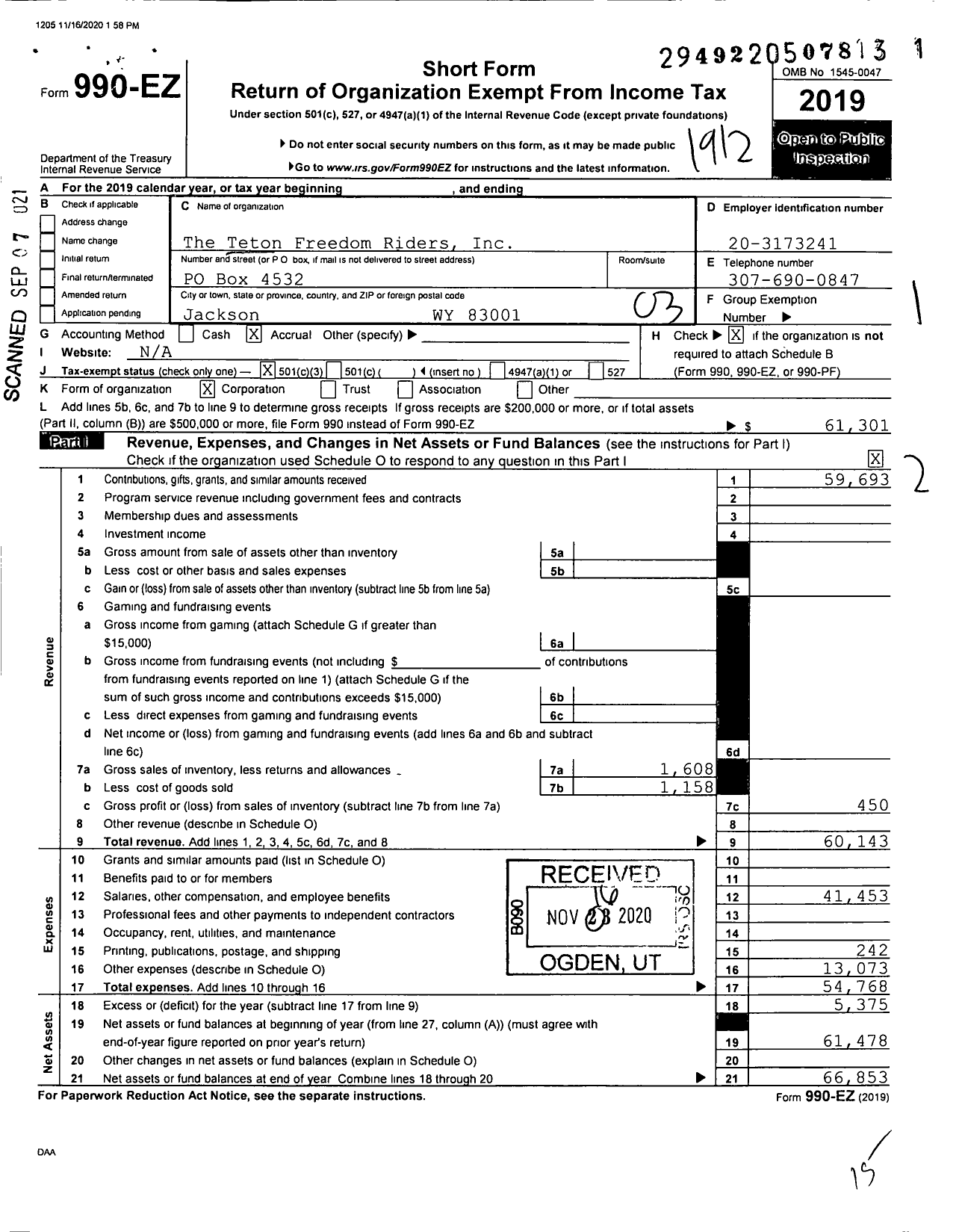 Image of first page of 2019 Form 990EZ for Teton Freeriders