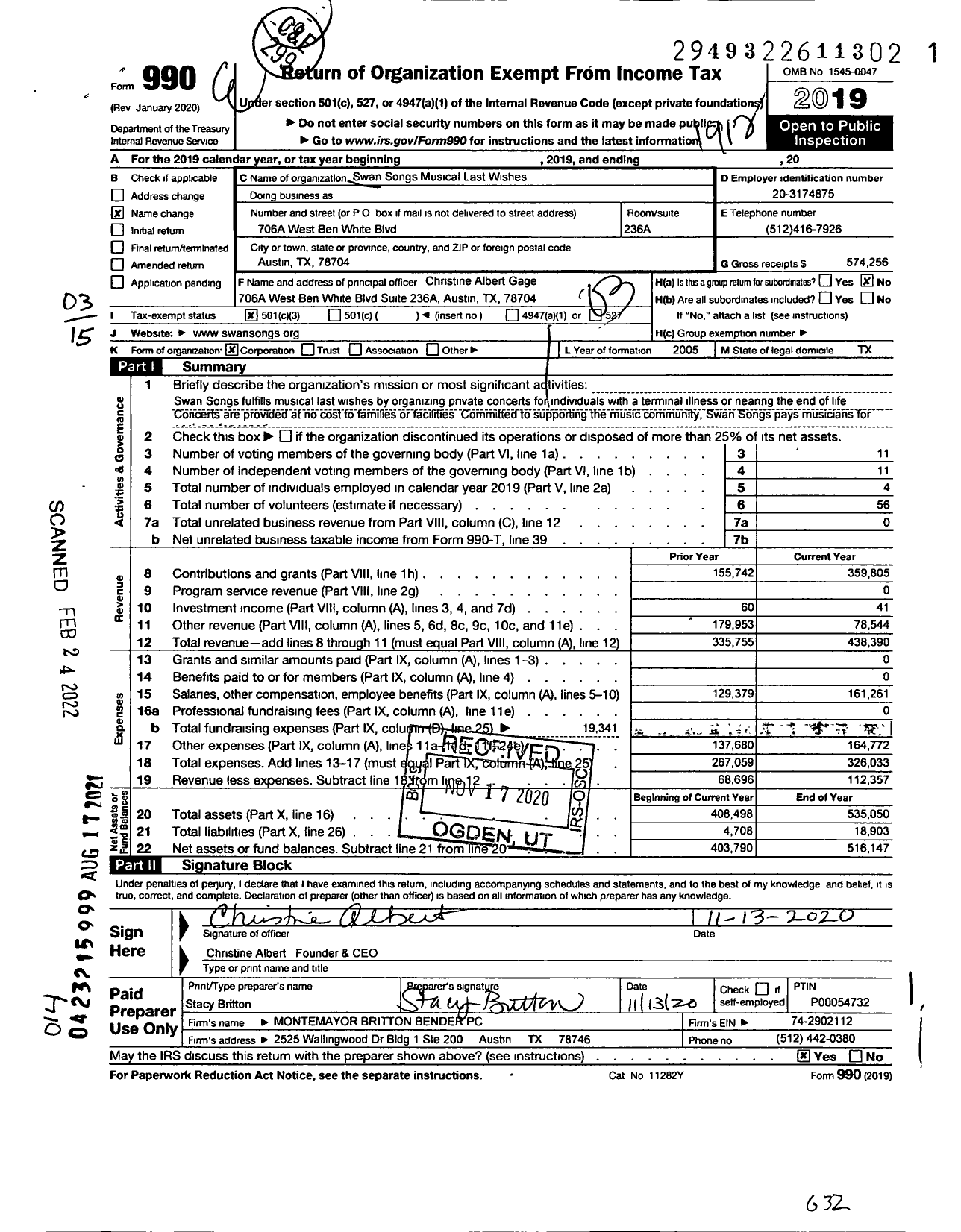 Image of first page of 2019 Form 990 for Swan Songs Musical Last Wishes