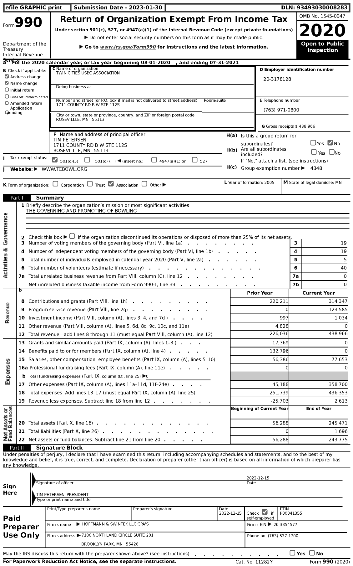 Image of first page of 2020 Form 990 for United States Bowling Congress - Twin Cities USBC Association