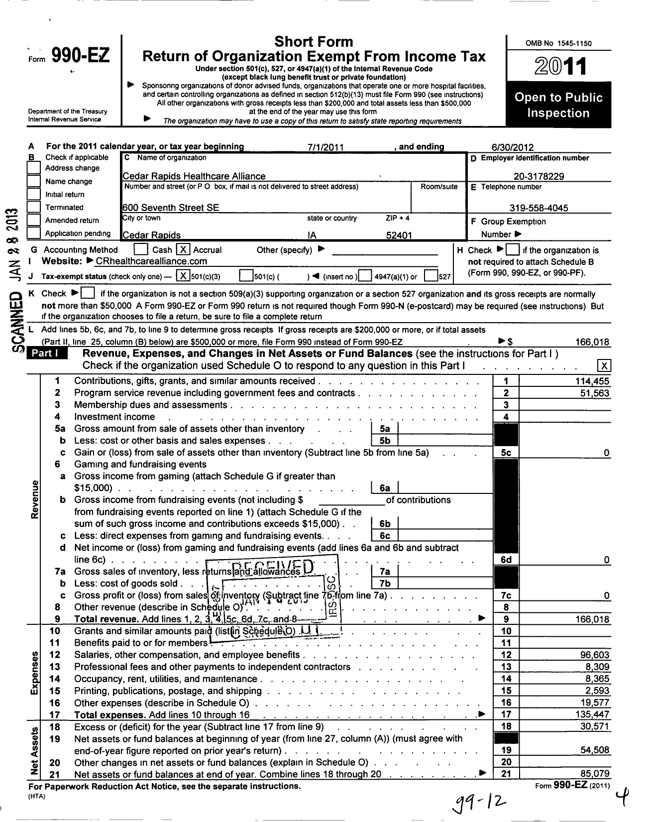 Image of first page of 2011 Form 990EZ for Cedar Rapids Healthcare Alliance