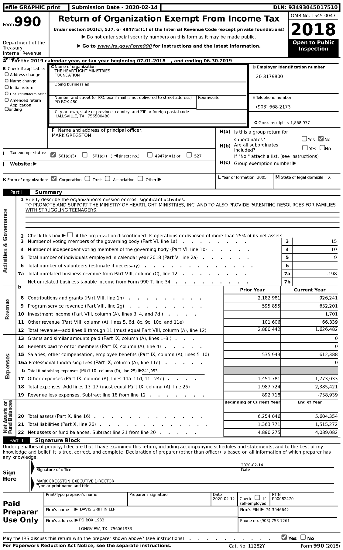 Image of first page of 2018 Form 990 for The Heartlight Ministries Foundation